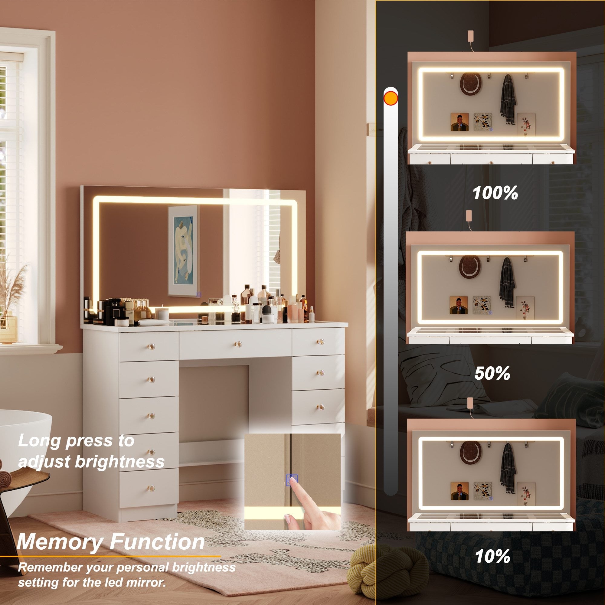 Modern Makeup Vanity With Lighted Mirror And Strong Storage