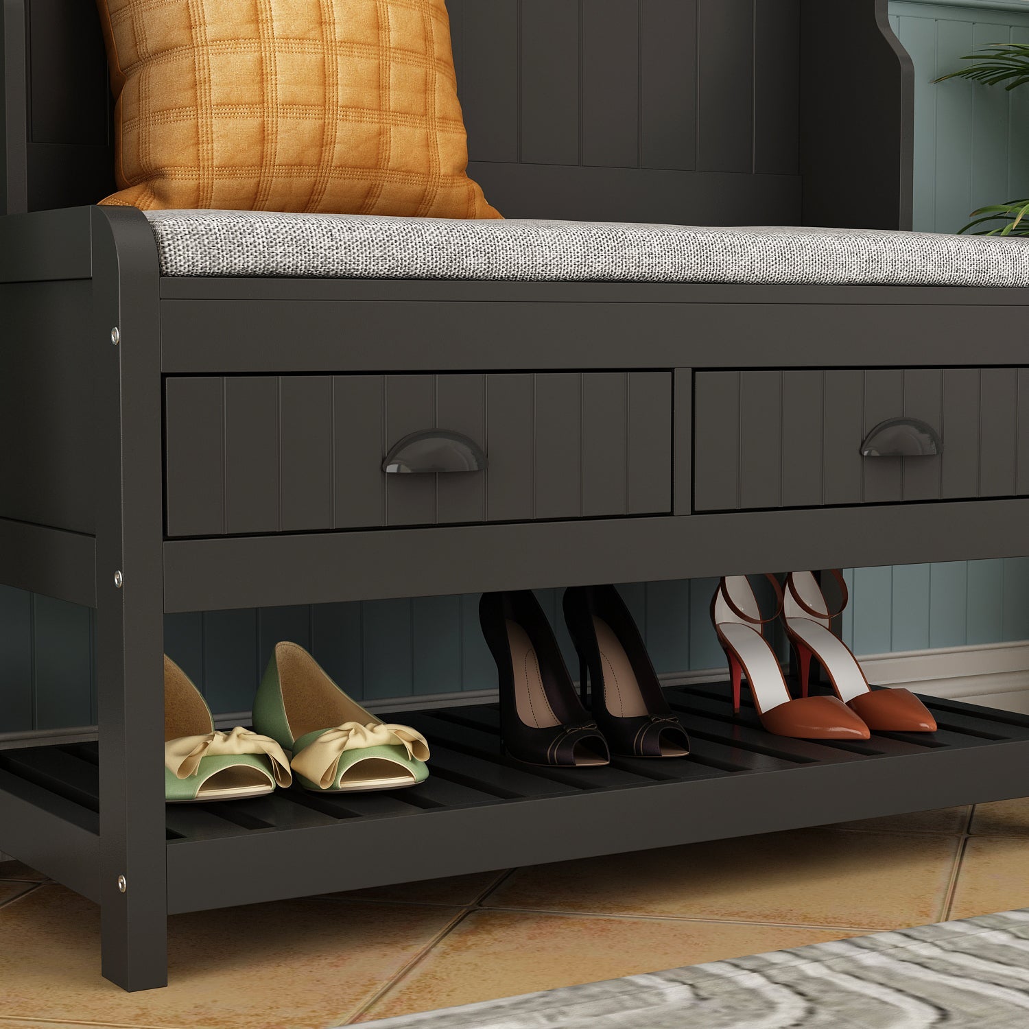 Modern Hall Tree with Storage Bench, 4-in-1 Entryway Bench with Coat Rack, Tall Hall Tree with 4 Metal Double Hooks, Shelves & 2 Drawers for Hallway, Living Room