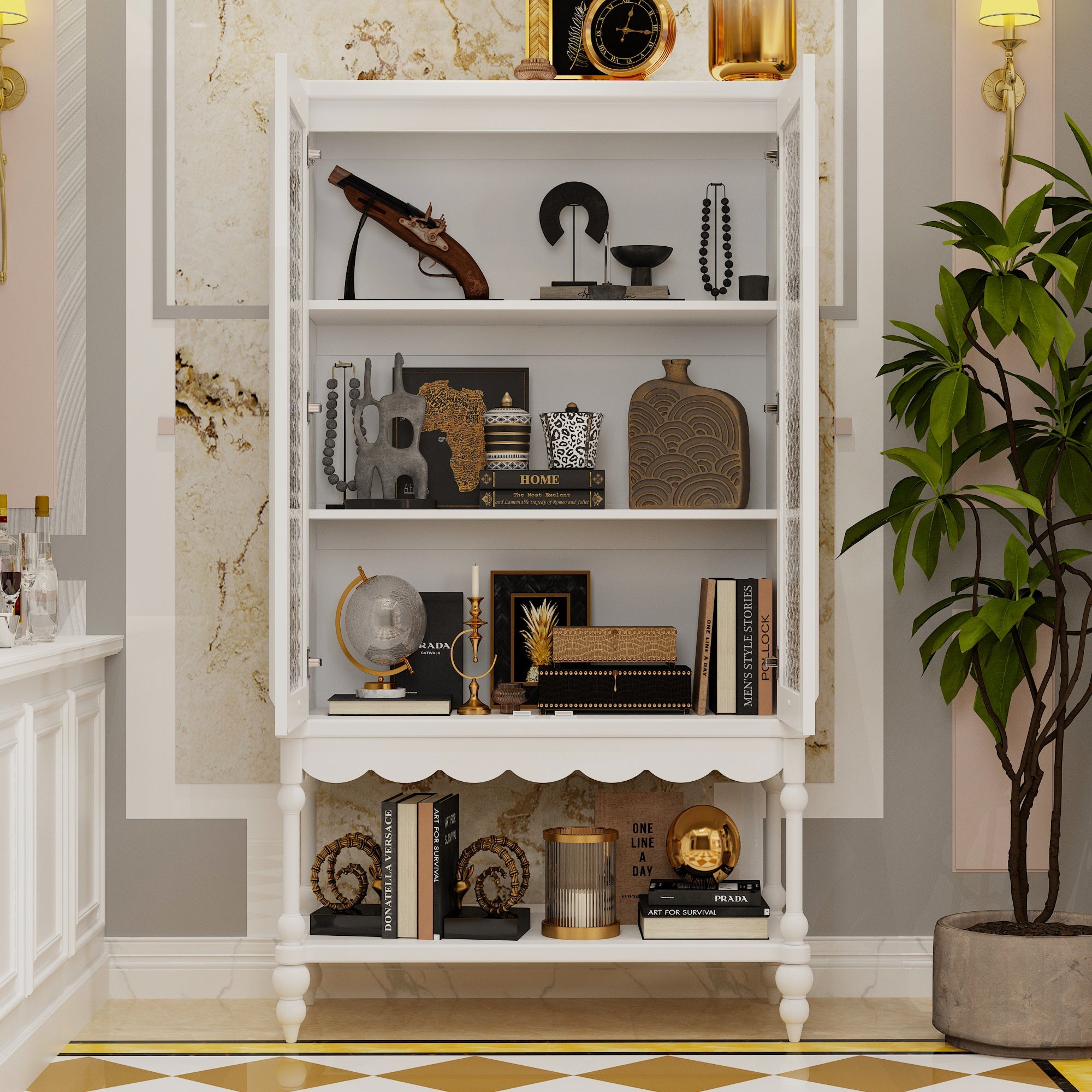 62.2'' H Tall China Curio Cabinet White Display Case With Glass Doors