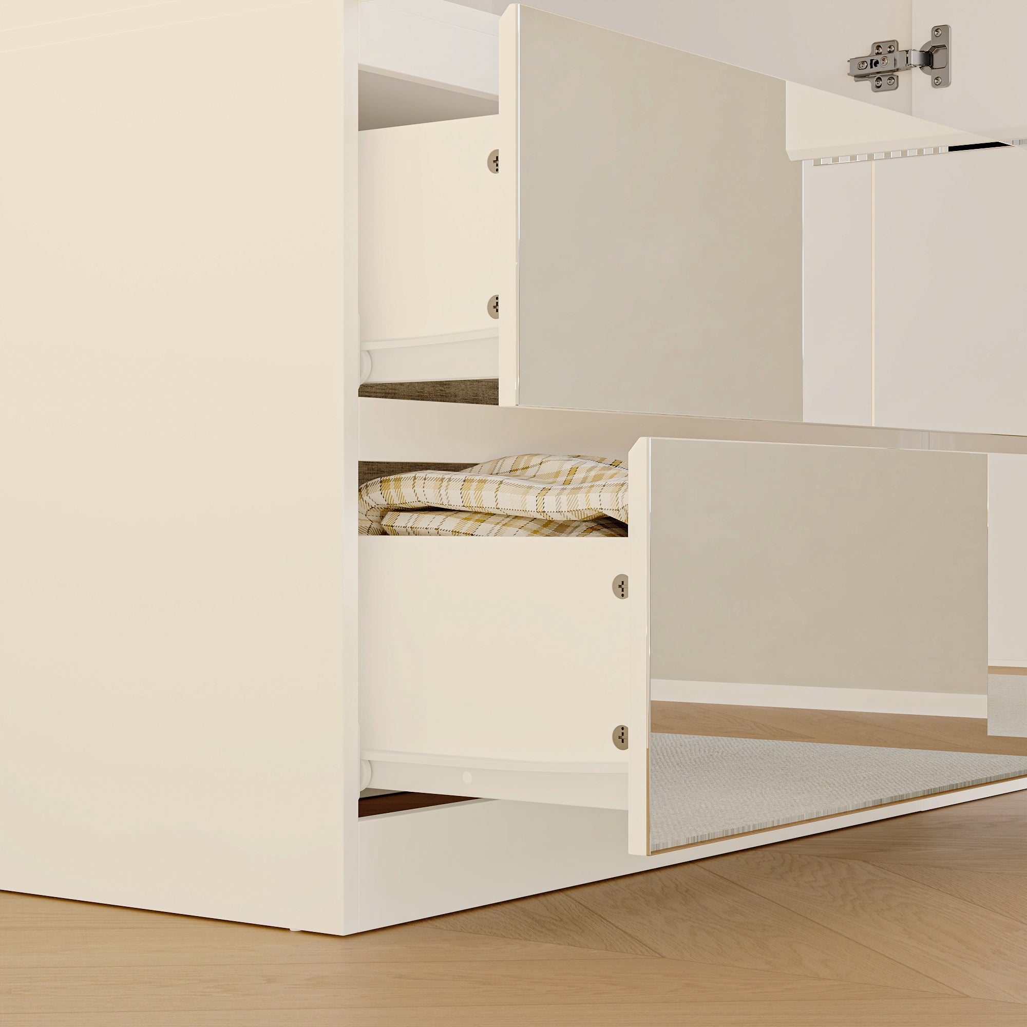 Elegant Full-Length Mirrored Wardrobe With Dual Compartments And Multiple Drawers