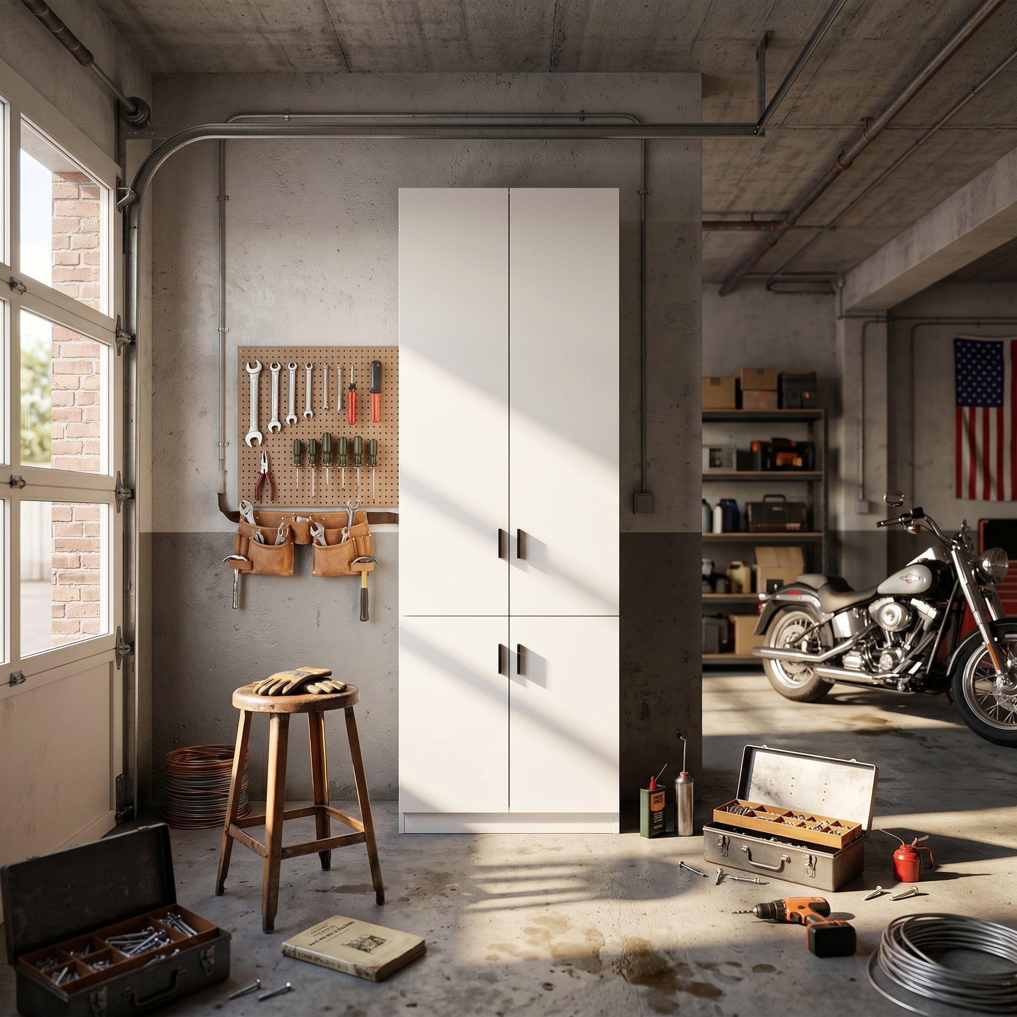 31.5 Inches White Engineered Wood Tall 4-Door Garage Storage Cabinet with Adjustable Interior Shelves
