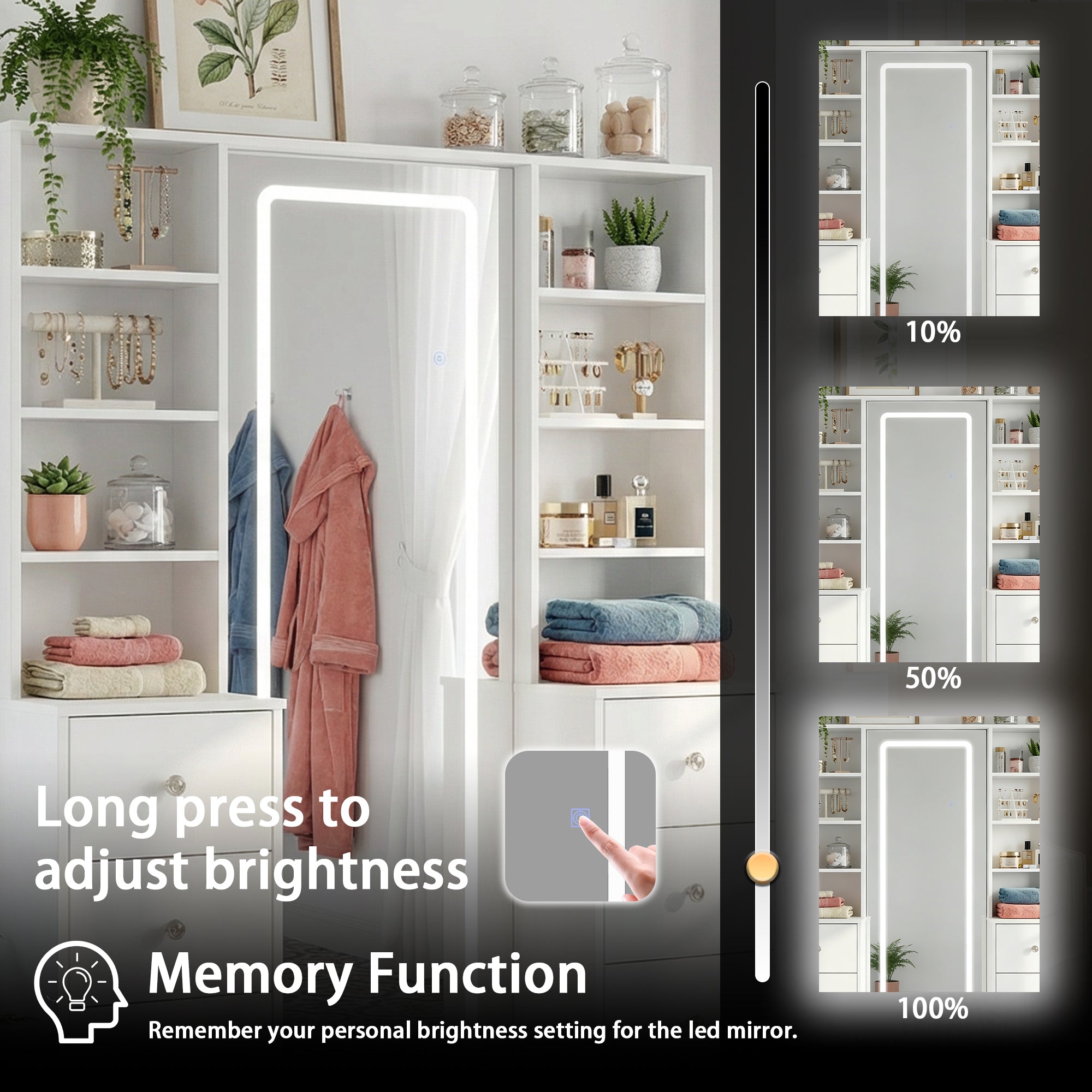 White makeup vanity with full-length LED mirror, side shelves, and drawer storage