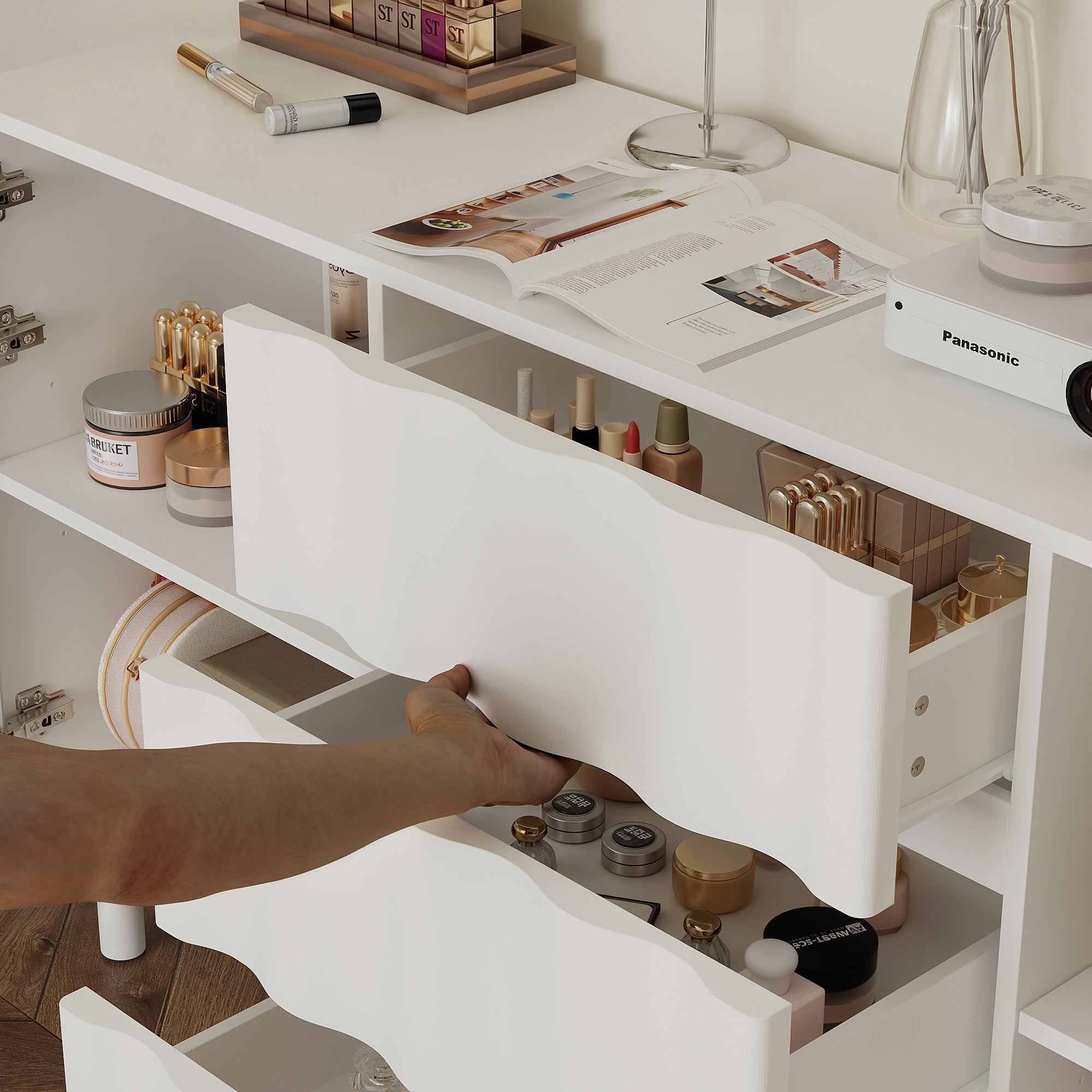 61" Wide White Accent Cabinet With 3 Drawers & 2 Doors
