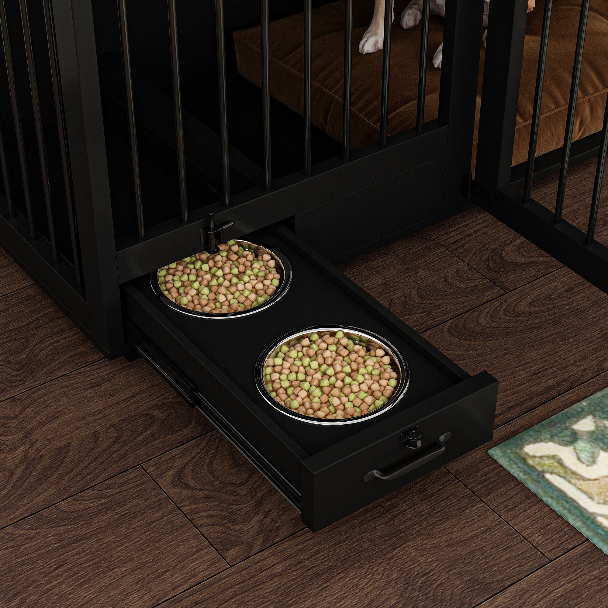 Large Dog Crate Furniture With Pull-Out Dog Bowls And Divider