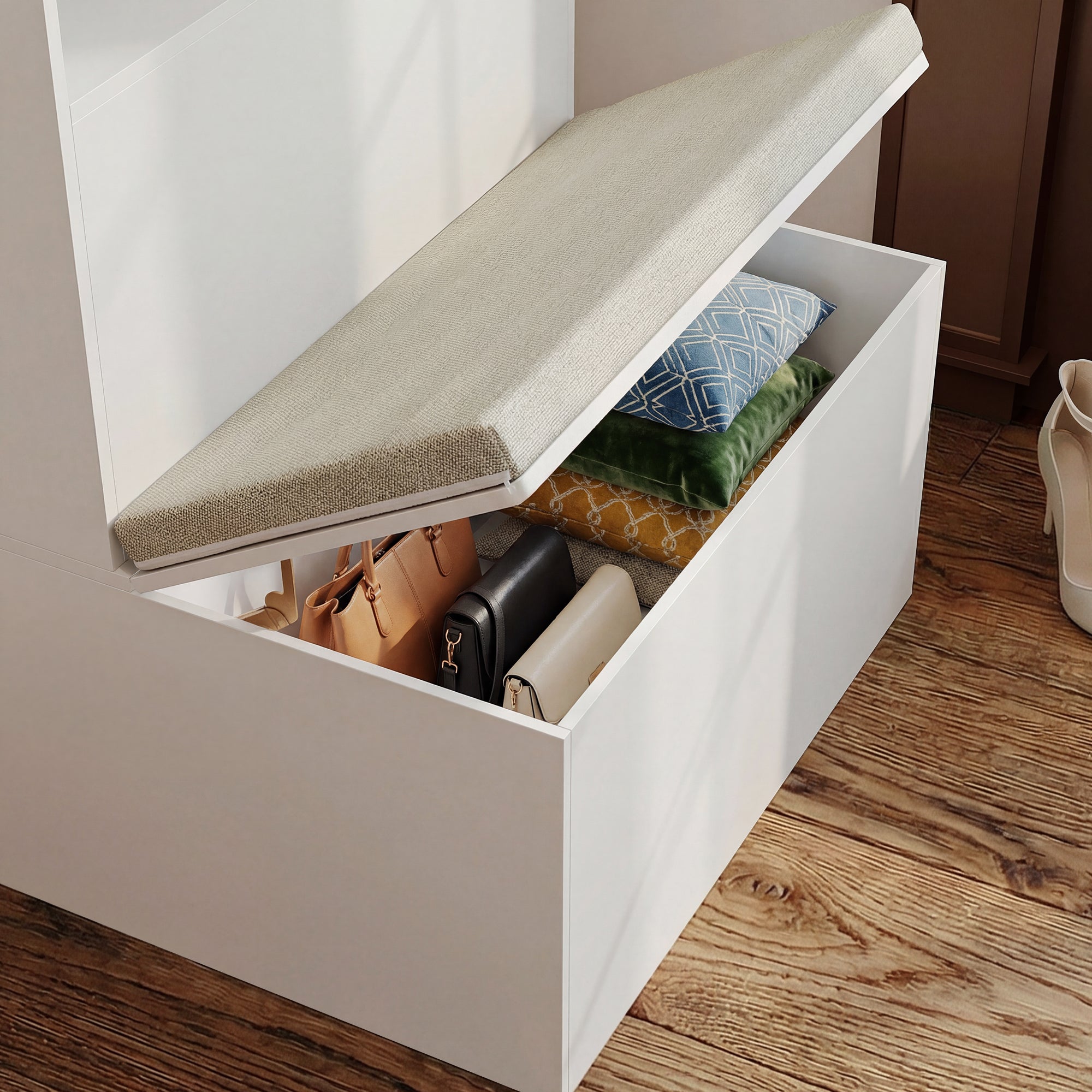 31.5 inches Modern White Entryway Storage Bench with Cabinet and Upholstered Seat