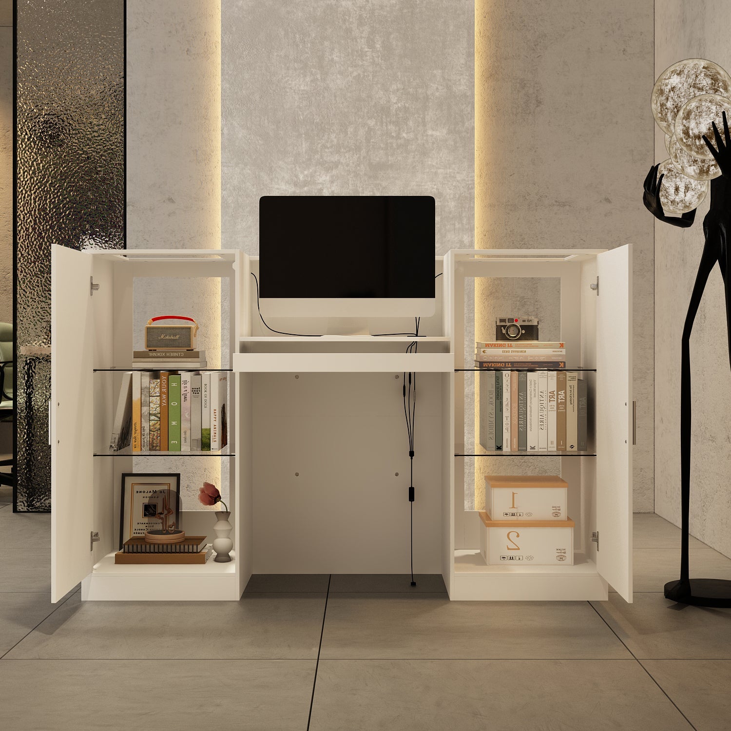 59 inches Modern White Reception Desk With Display Cabinets And LED Lightsand Transparent Glass