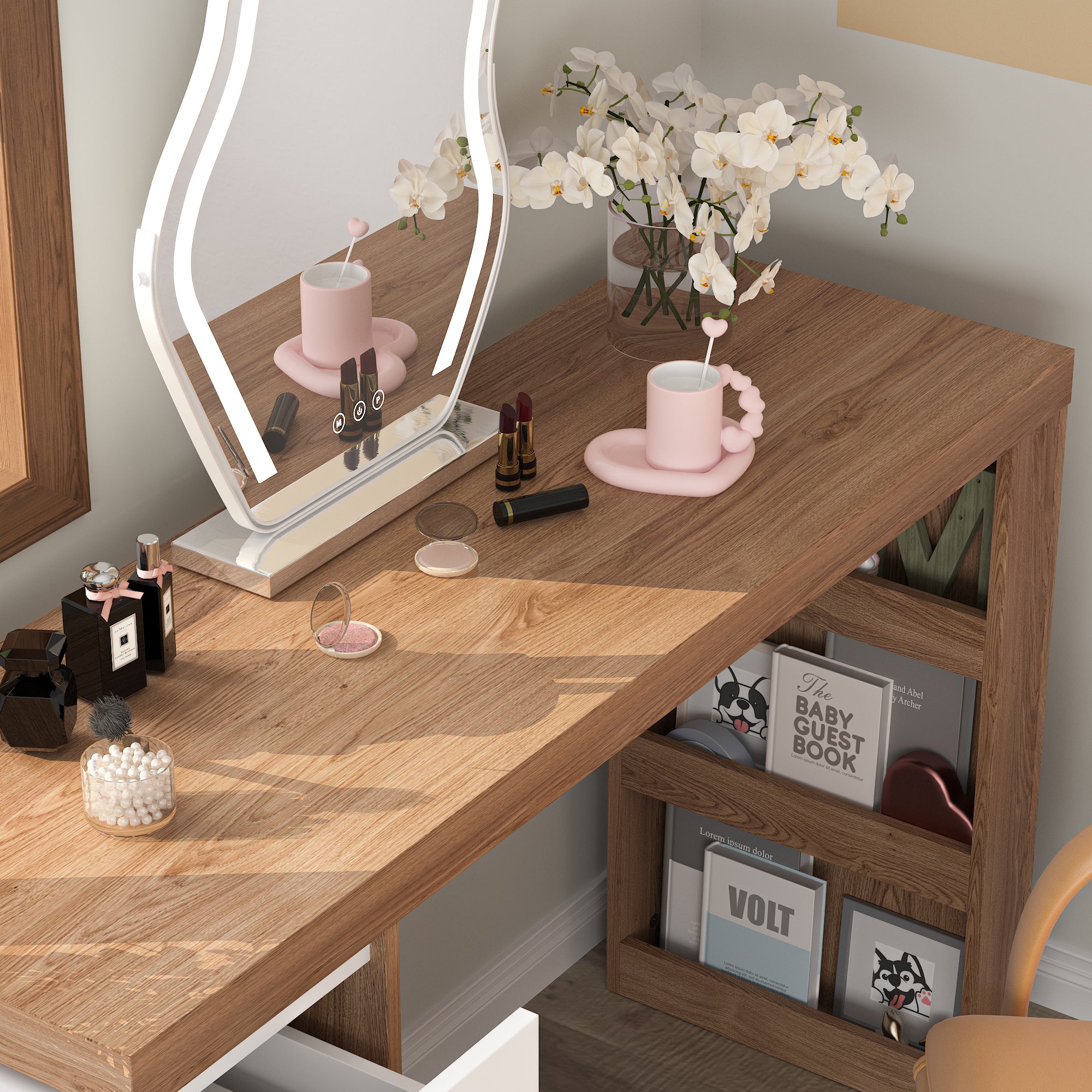 L-Shaped Modern Vanity Set with Adjustable Storage and 4 Drawer Chest