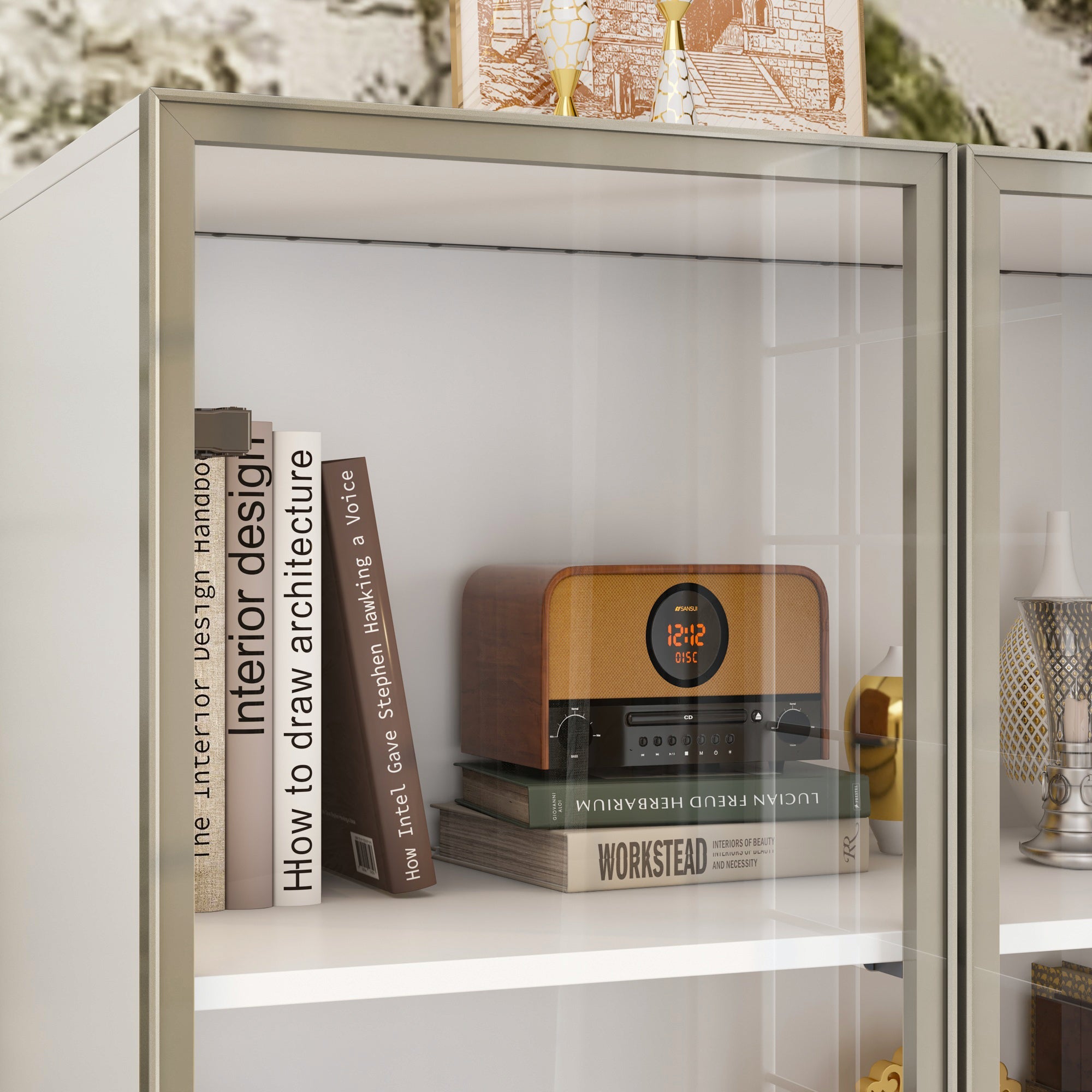Display Cabinet Bookcase with Lights and Glass Doors