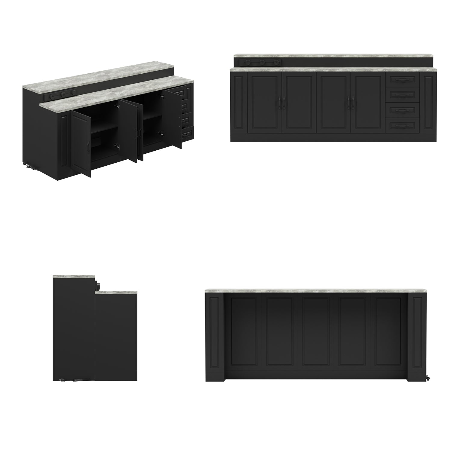Black kitchen cabinets with gray countertops on a white background
