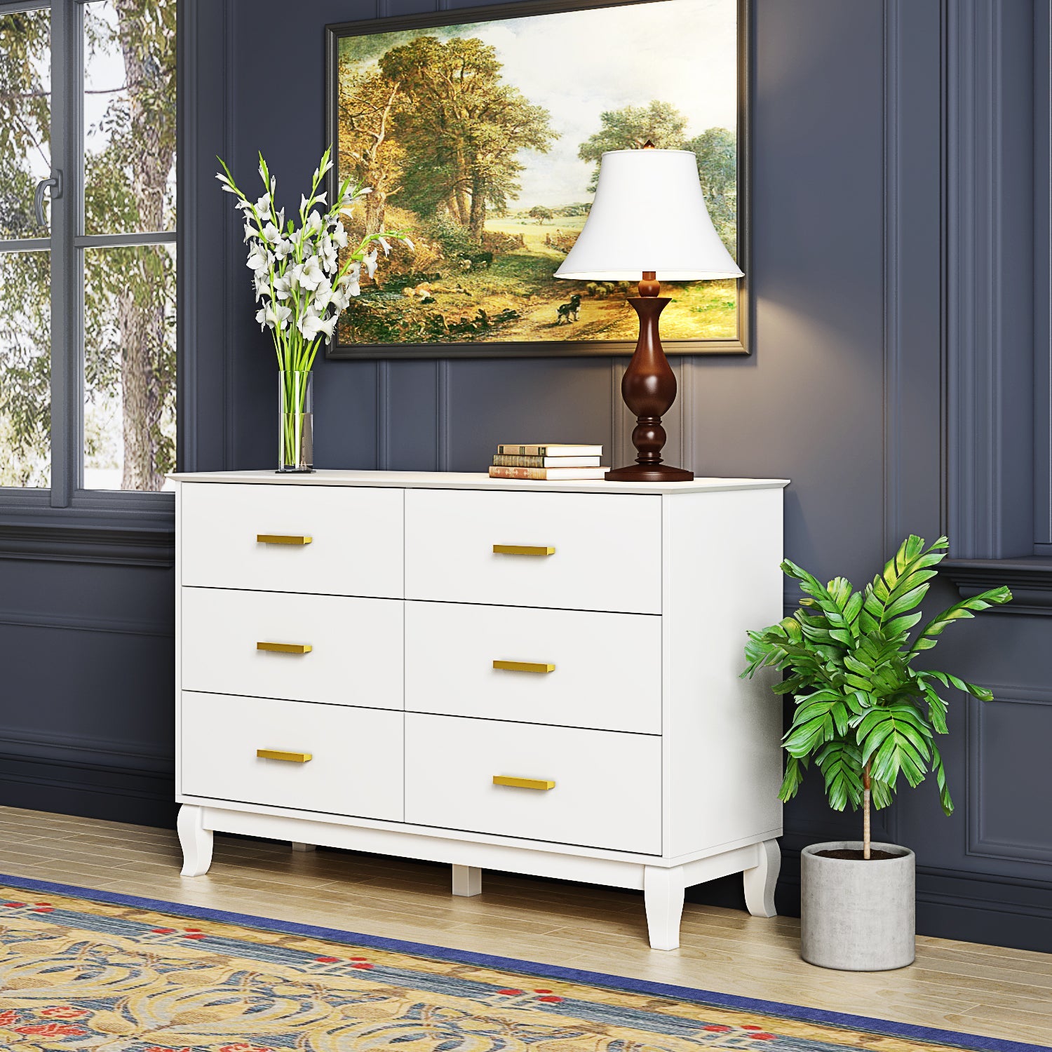 Modern White Finish Double Dresser 6-Drawer Cabinet for Hallway Entryway Living Room
