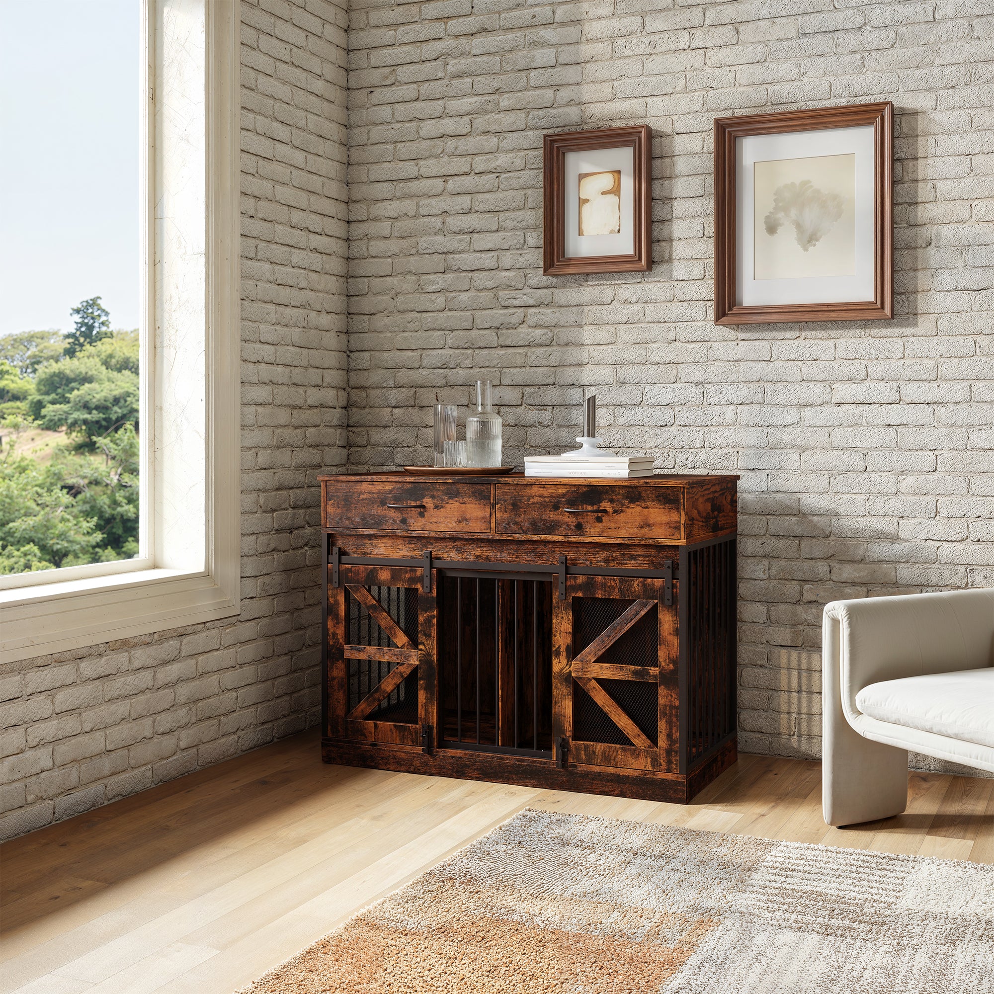 Small Dog Crate With Barn Doors, Steel Frame, Double Rooms