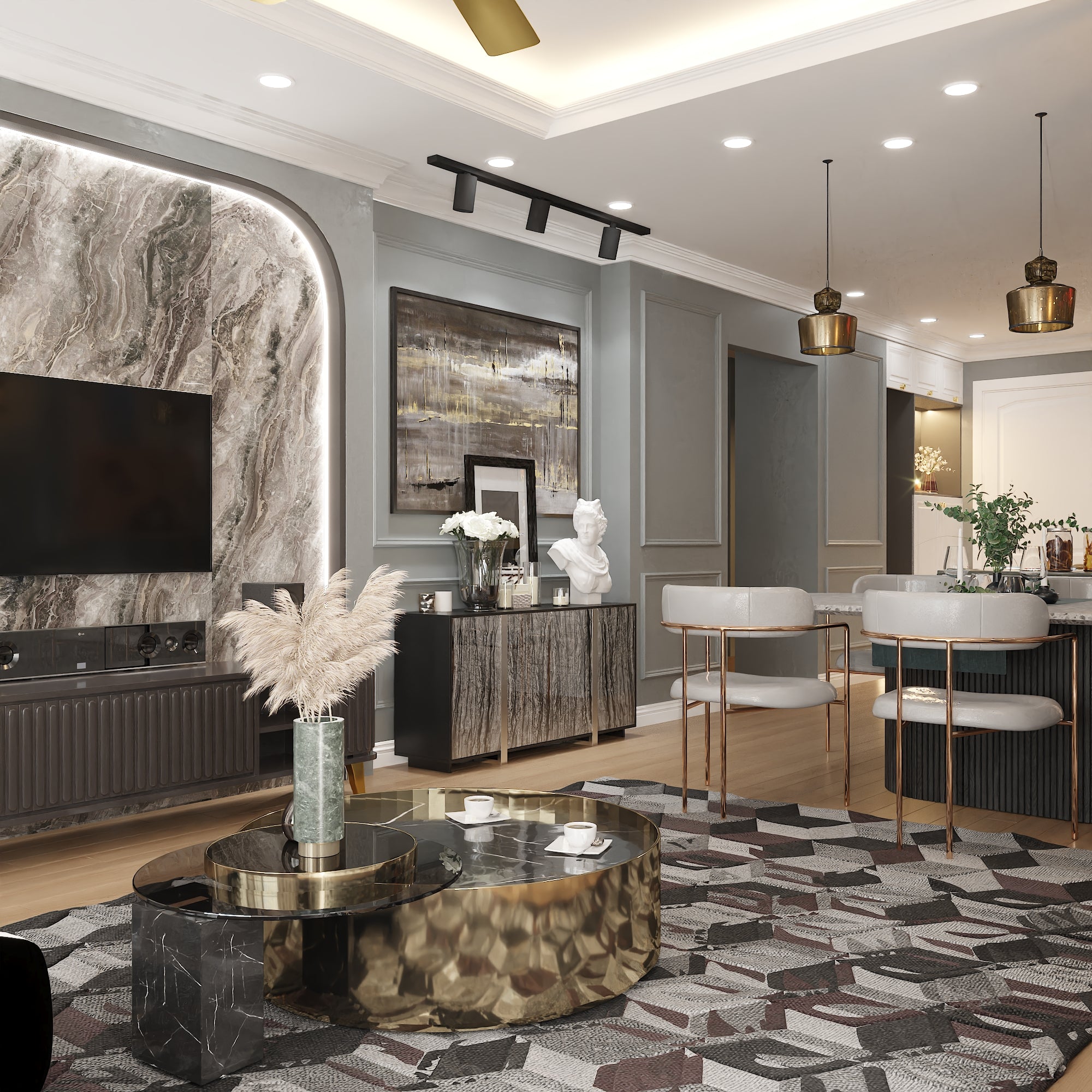 63'' Wide Accent Cabinet With Stone-Patterned Glass Doors