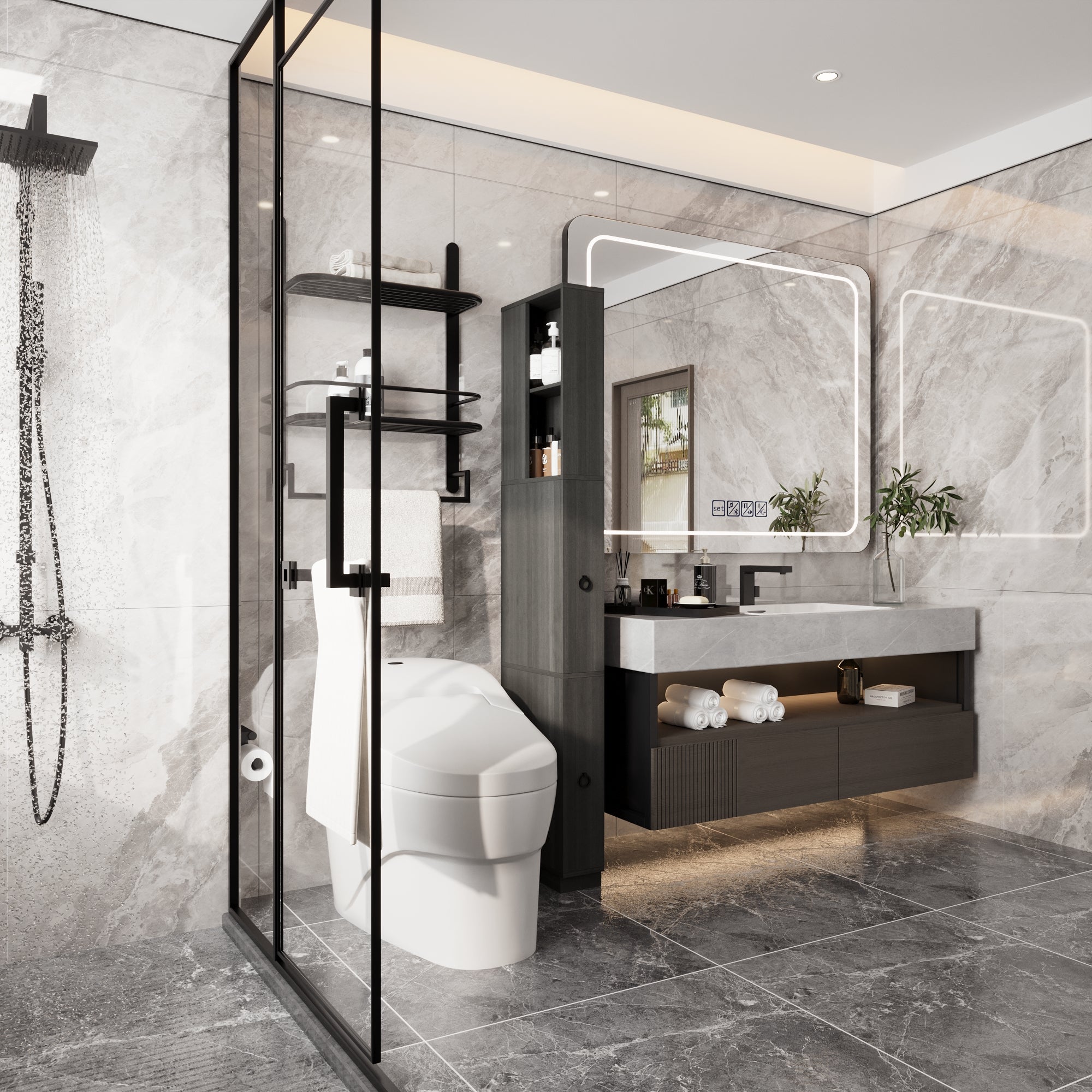 Narrow Bathroom Storage With Shelves And Drawers