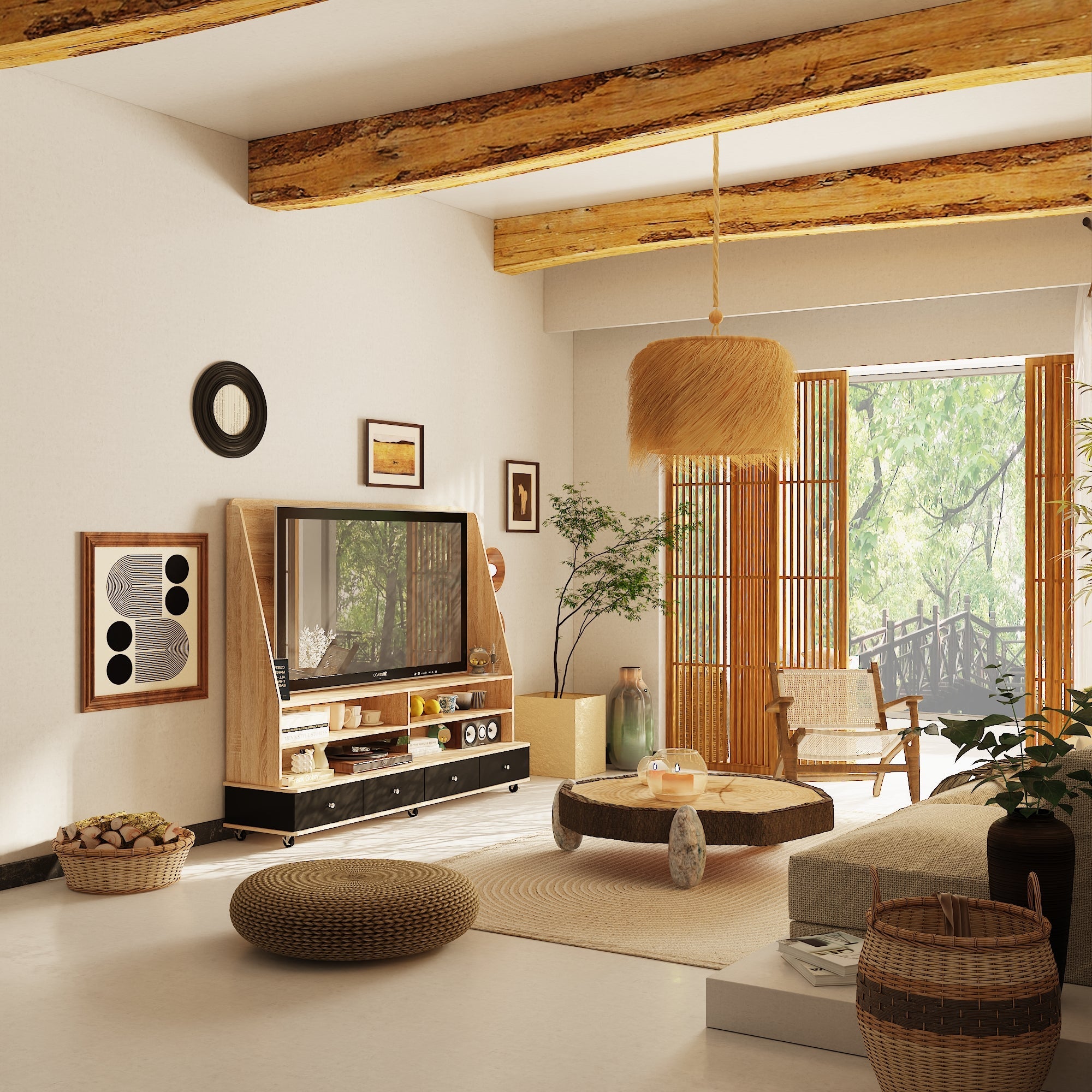 70'' W 4-Drawer TV Stand Media Console With TV Bracket And 6-Wheel