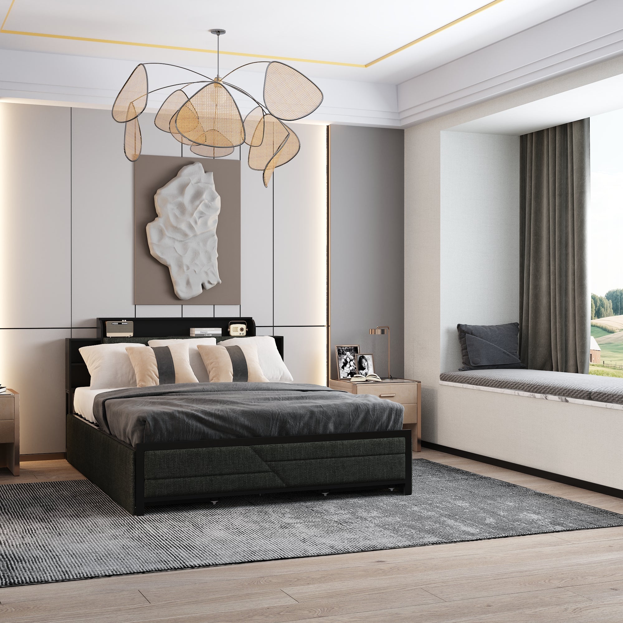 Low Profile Platform Bed With Storage Drawers And Power Outlet