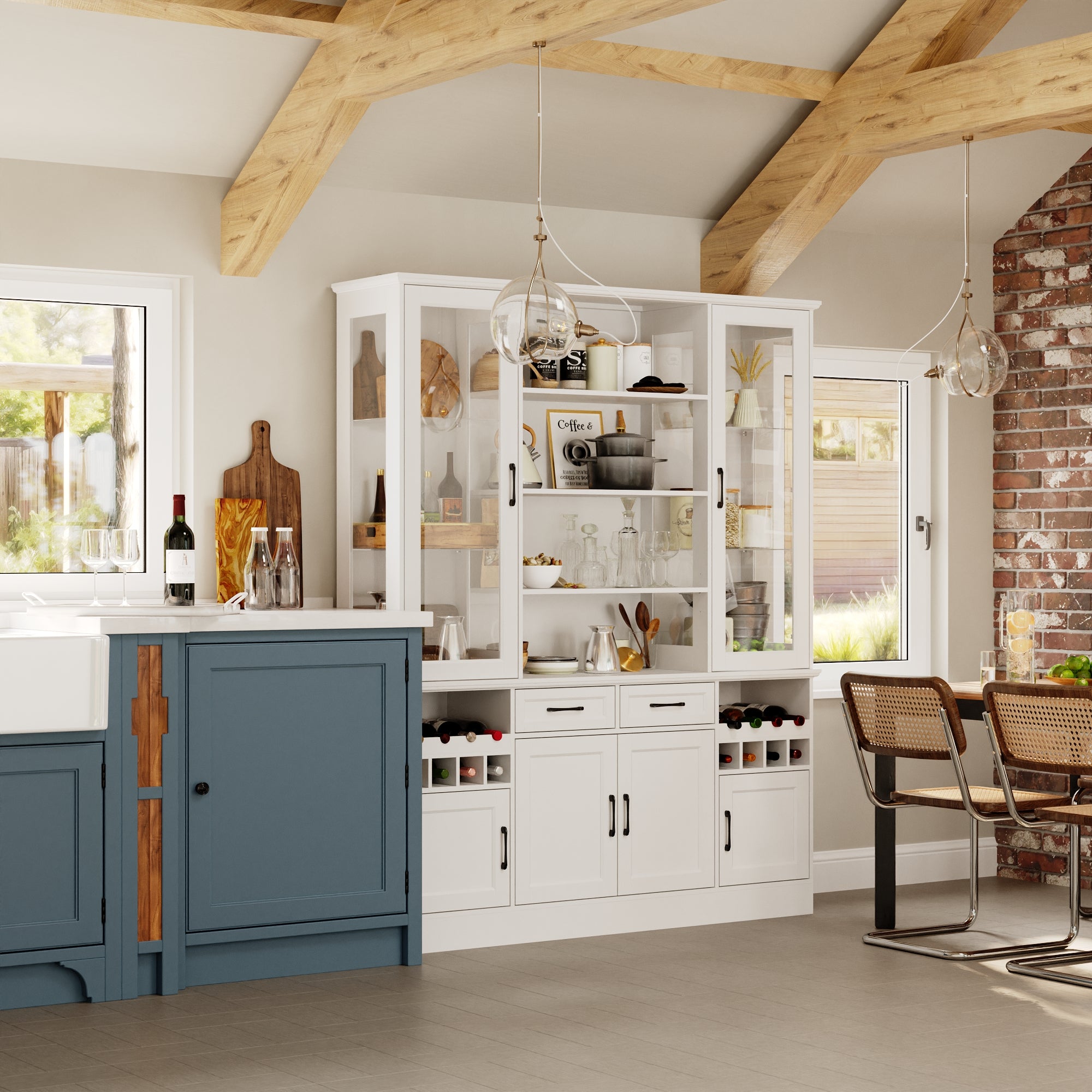 61.4"W Food Pantry Cabinet With Glass Door Wine Storage