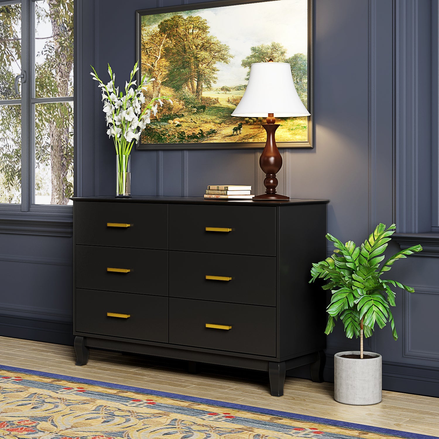 Modern White Finish Double Dresser 6-Drawer Cabinet for Hallway Entryway Living Room