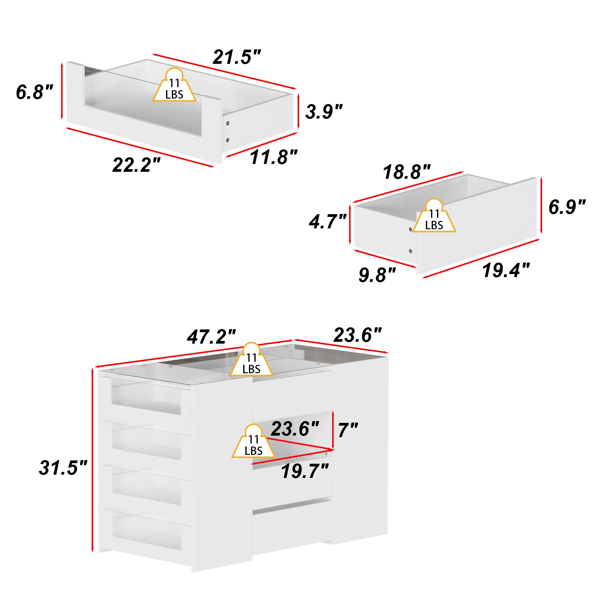 47.2 inch Modern White Kitchen Island with 14 Drawers and Tempered Glass Top