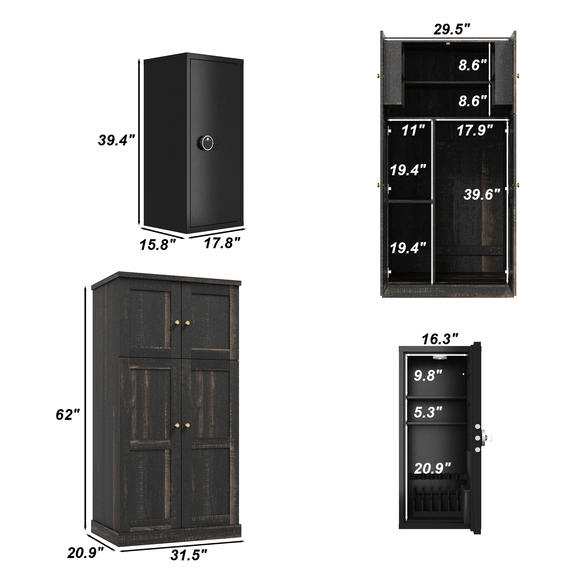 62'' H Storage Cabinet With 39.4'' H Gun Safe With Sensor Light & Pistol Rack & Gun Stock