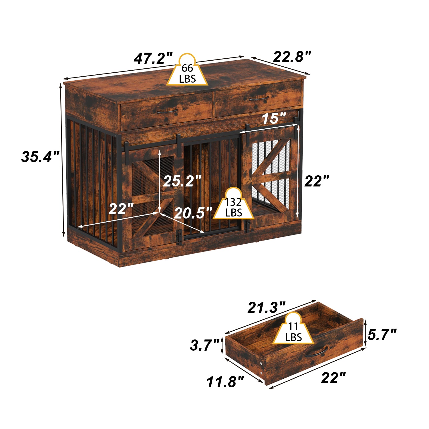 Small Dog Crate With Barn Doors, Steel Frame, Double Rooms