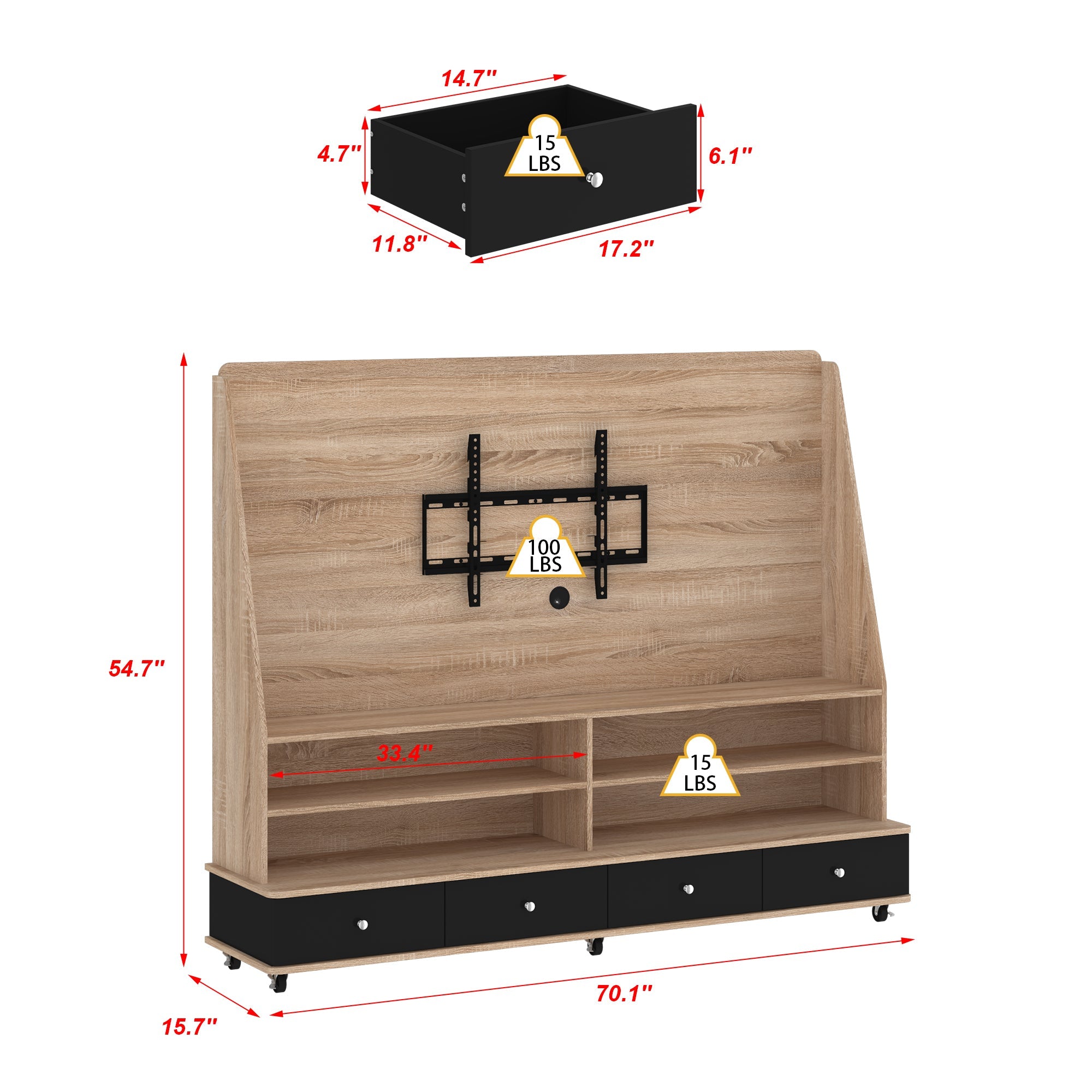 70'' W 4-Drawer TV Stand Media Console With TV Bracket And 6-Wheel