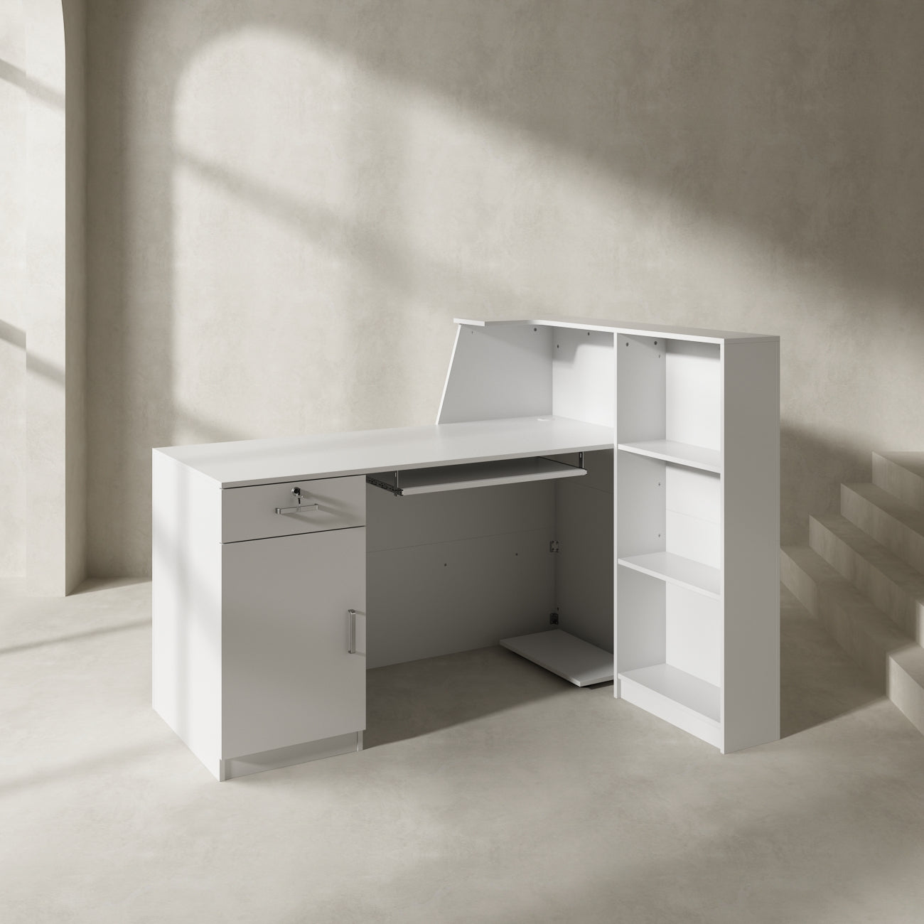 Reception Desk Front Counter Desk with Lockable Drawer & Bookshelf