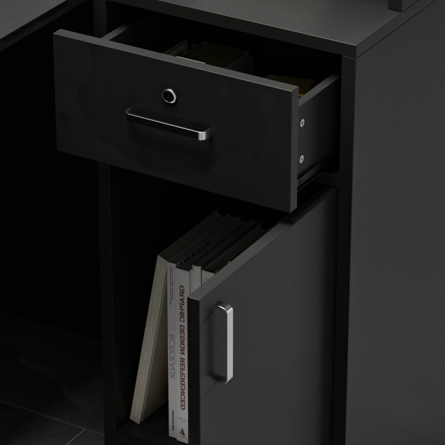 L-Shaped Reception Desk with Large Storage Filing Cabinets