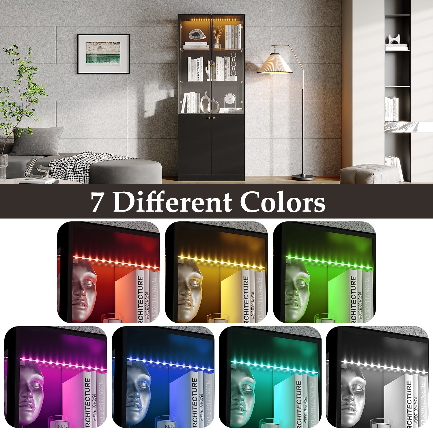 78.7'' H X 31.5'' W Display Bookcase With Led Light & Glass Doors