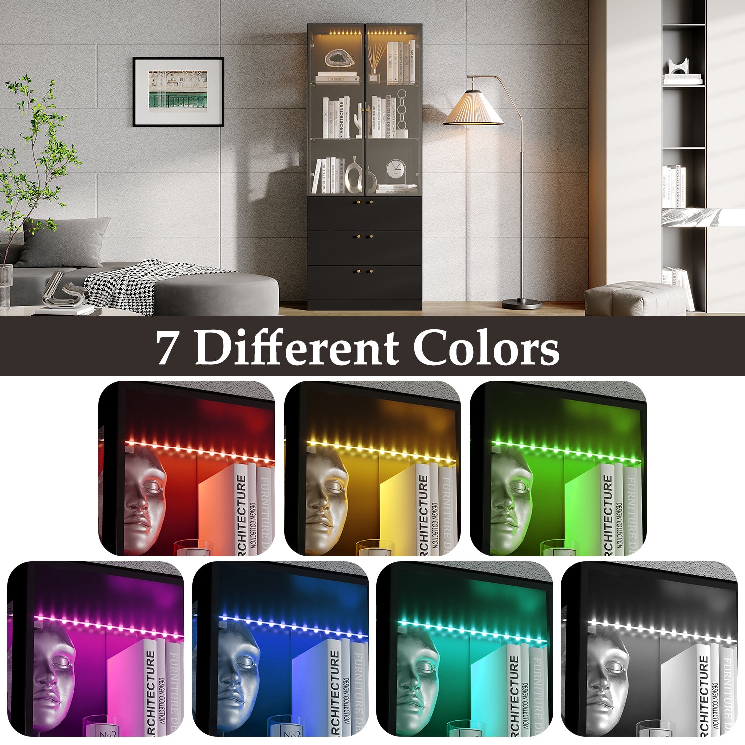 78.7'' H X 31.5'' W Display Bookcase With Led Light & Glass Doors