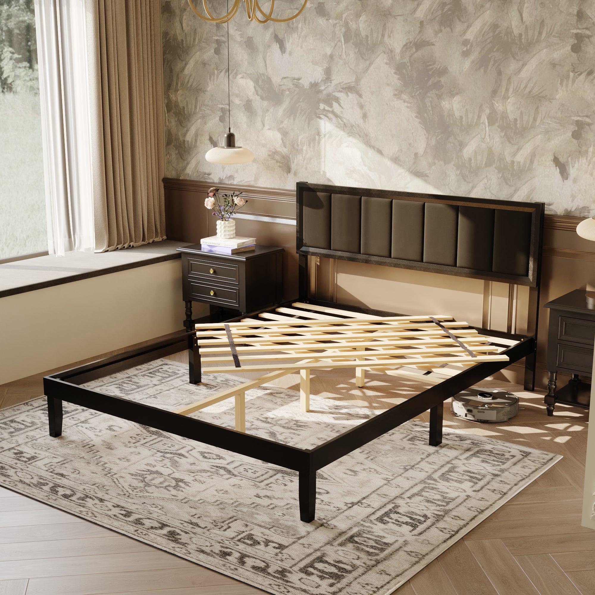 King-Size Solid Rubber Wood Bed With Linen Upholstered Headboard