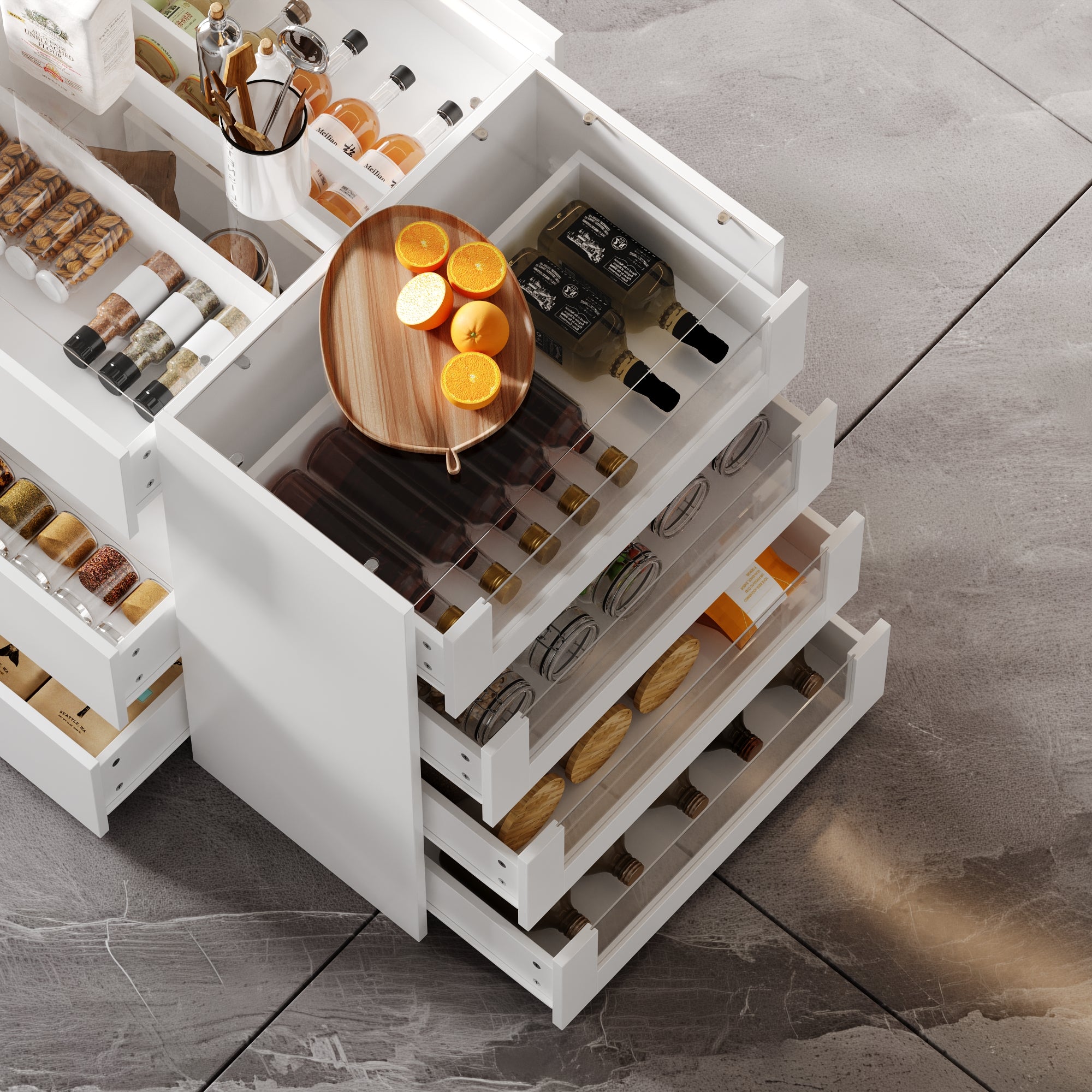 47.2 inch Modern White Kitchen Island with 14 Drawers and Tempered Glass Top