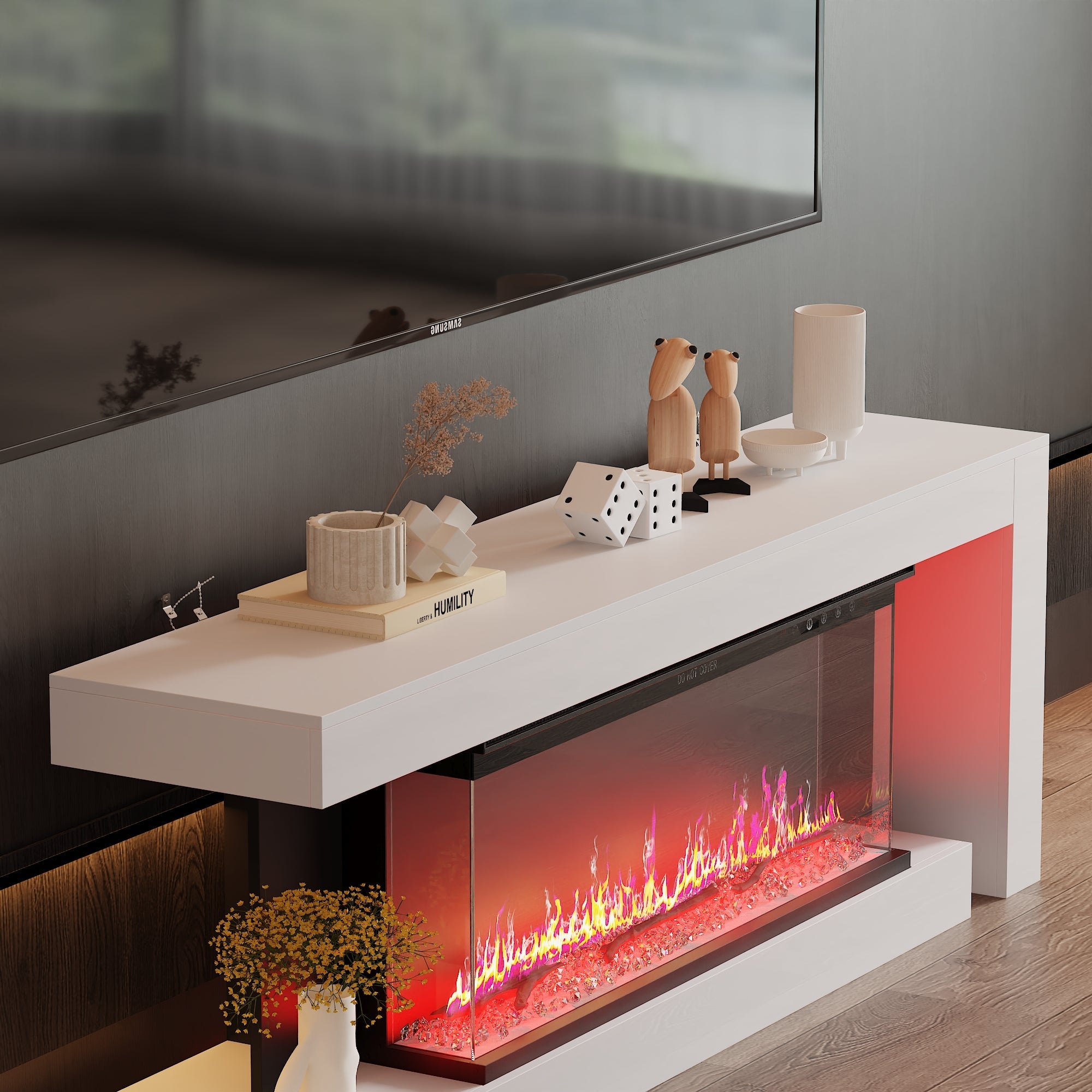66.9 inches Modern White Electronic Fireplace with TV Stand