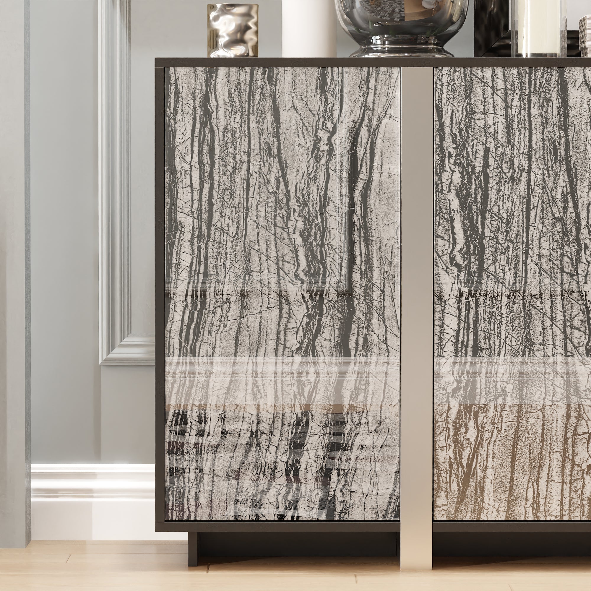 63'' Wide Accent Cabinet With Stone-Patterned Glass Doors
