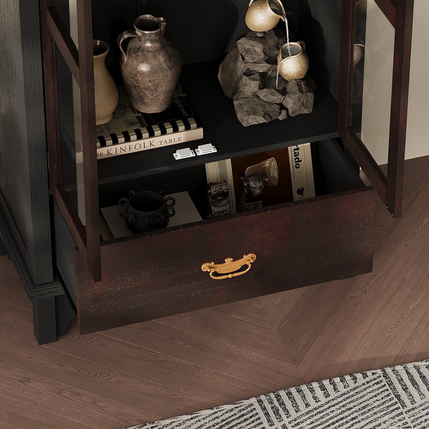 Mid-Century Bookcase with Drawers and Glass Doors