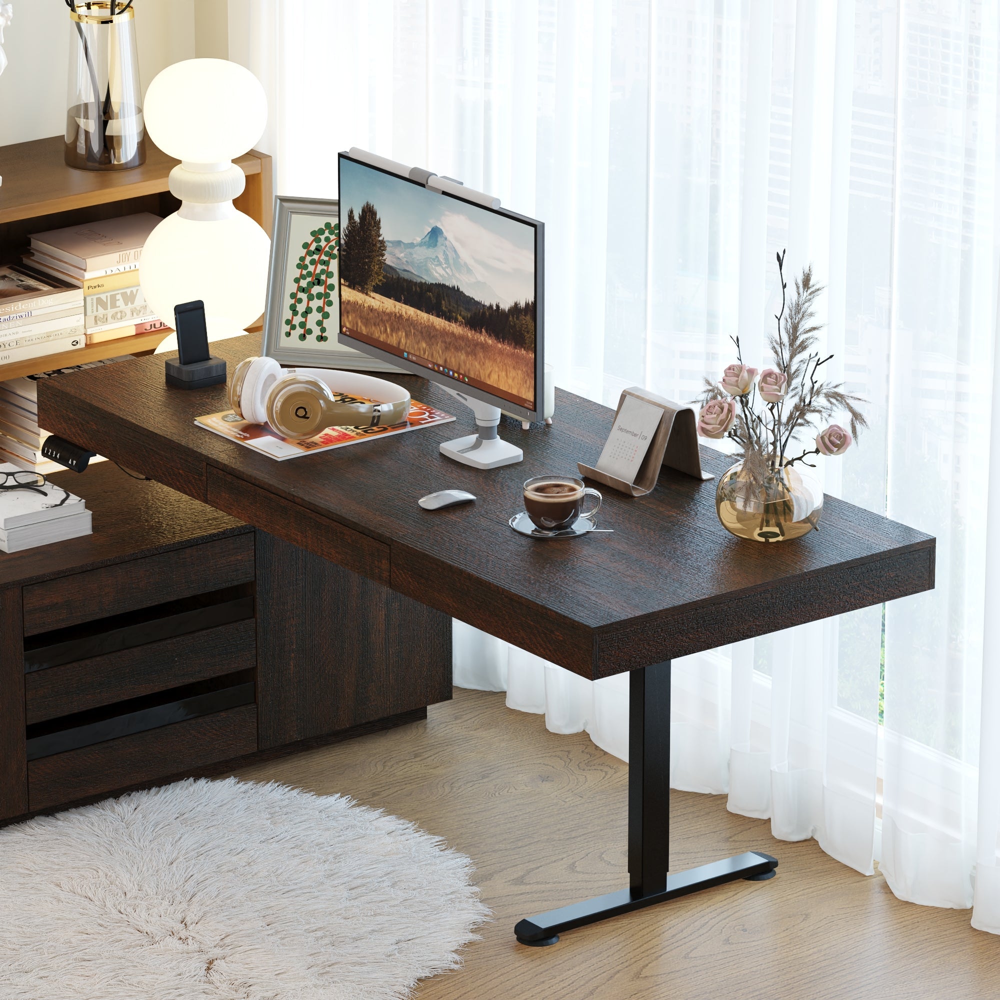 71'' W L-Shaped 3-Drawer Lift Computer Desk (29'' H To 44'' H) With 59'' W Bookcase