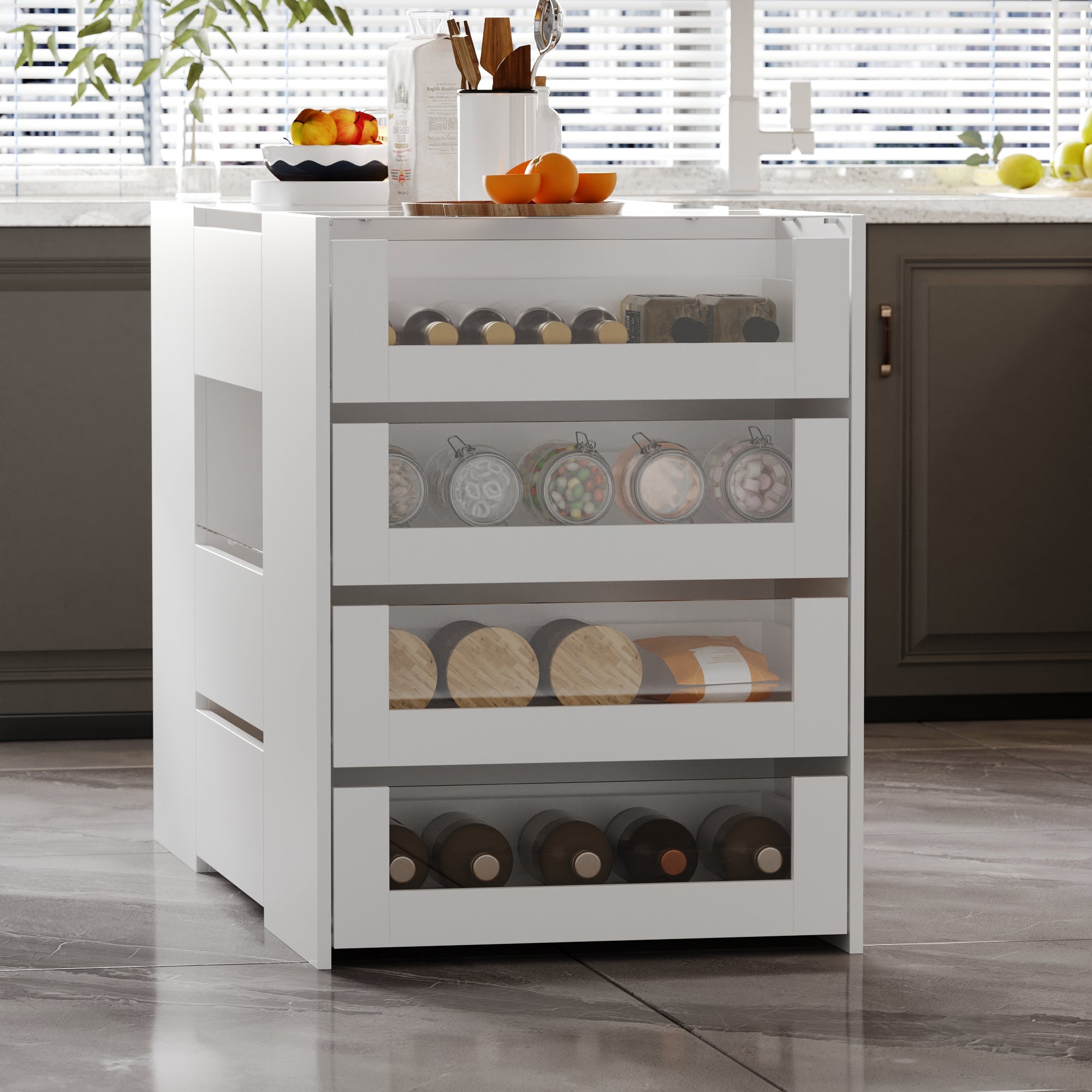 47.2 inch Modern White Kitchen Island with 14 Drawers and Tempered Glass Top