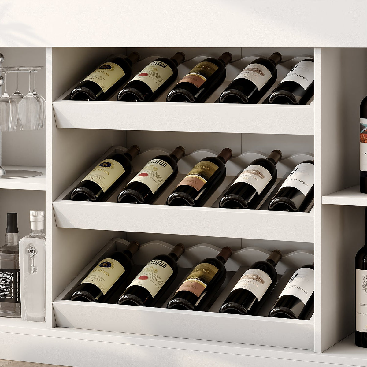 56.3 inches Modern White Wine Bar Cabinet With Light, Home Coffee Cabinet With Wine Shelf And Glass Top