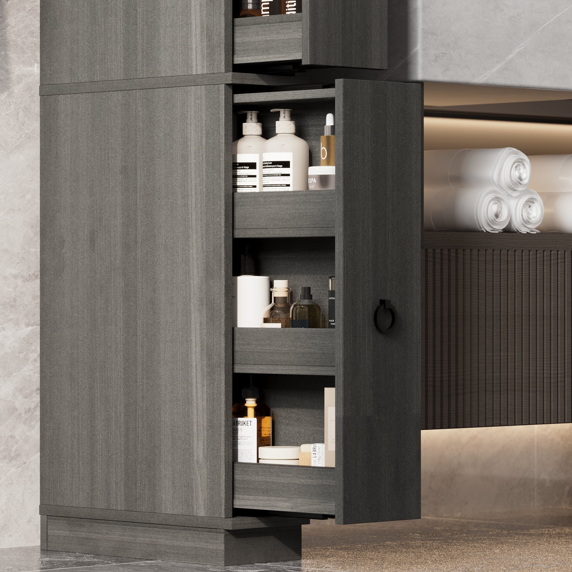 Narrow Bathroom Storage With Shelves And Drawers