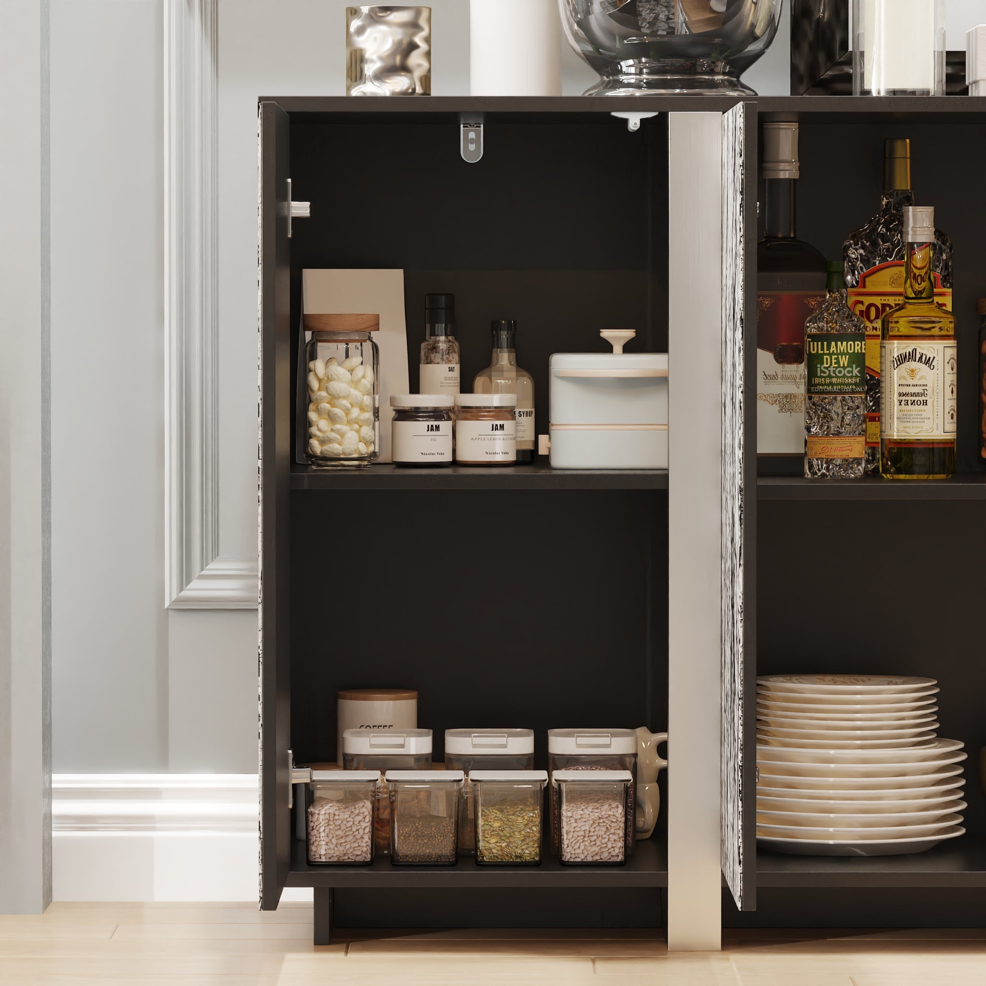 63'' Wide Accent Cabinet With Stone-Patterned Glass Doors