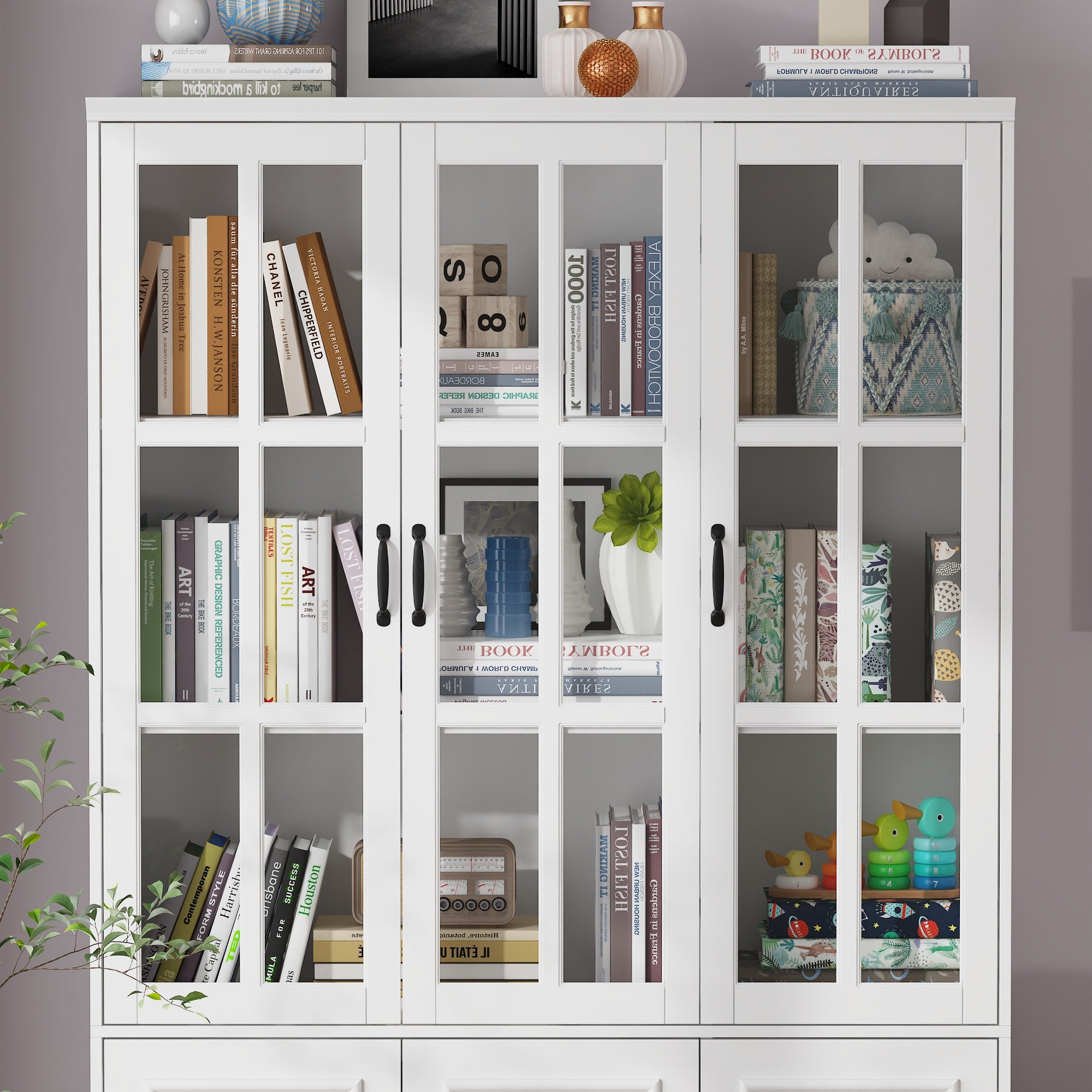 78.7'' H x 47.2'' W Freestanding Wood Bookcase with 3 Glass Doors