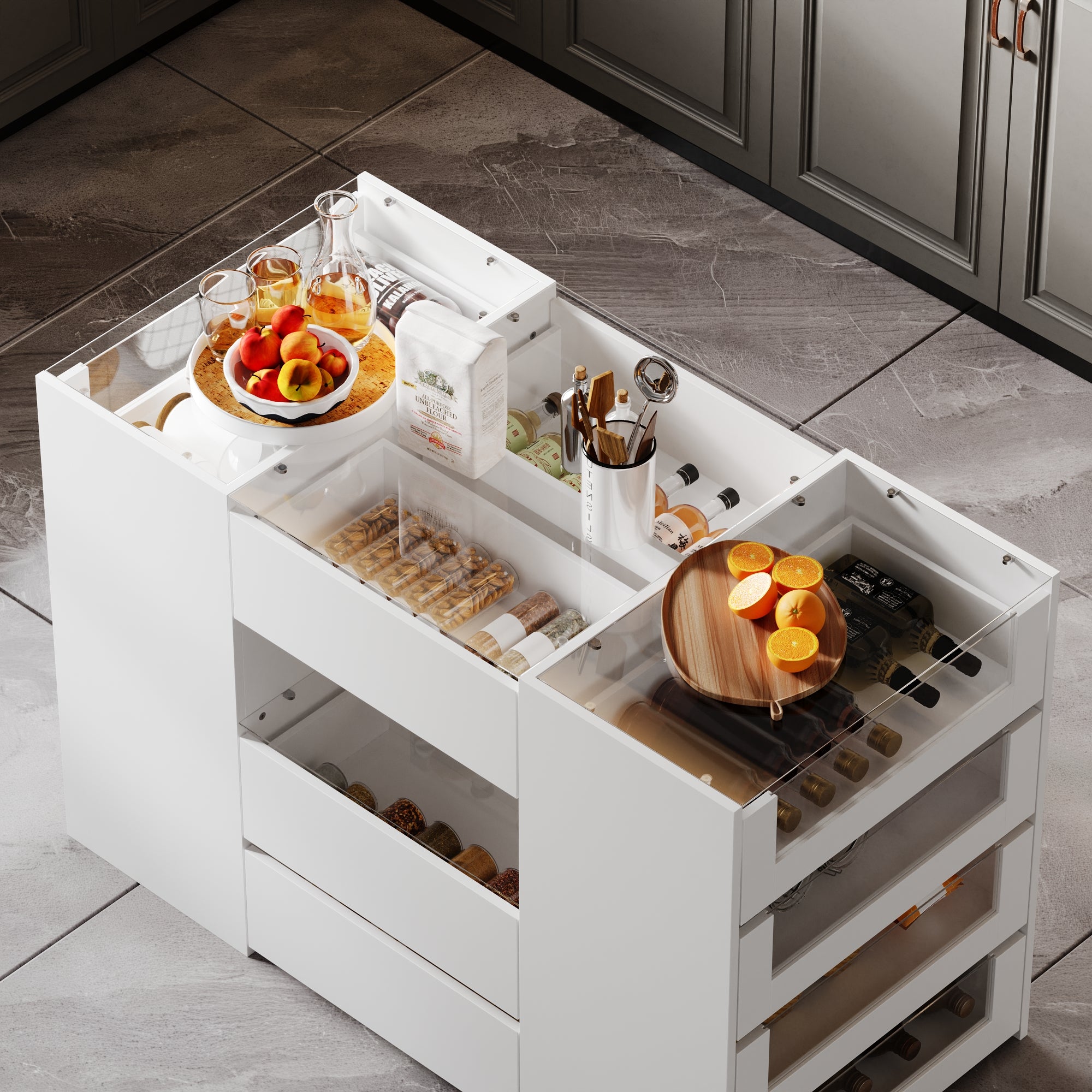 47.2 inch Modern White Kitchen Island with 14 Drawers and Tempered Glass Top