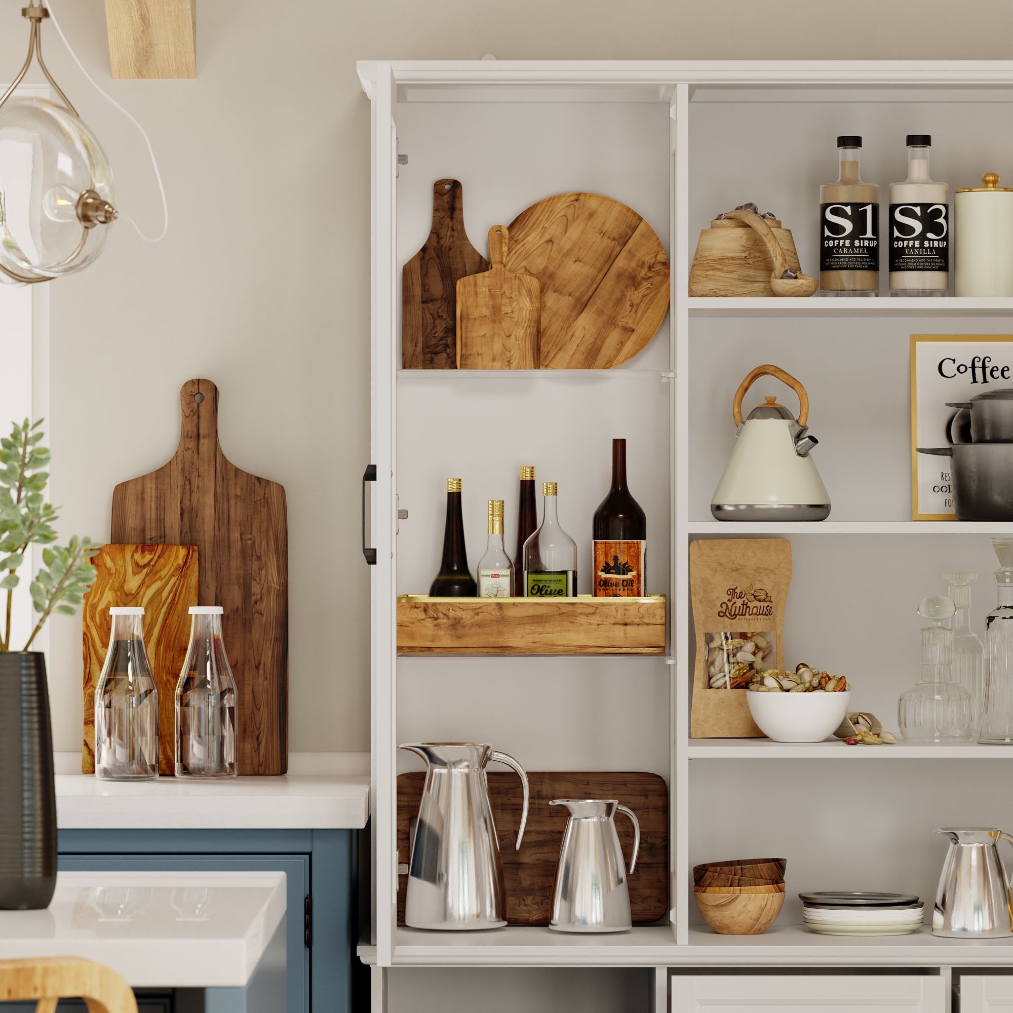 61.4"W Food Pantry Cabinet With Glass Door Wine Storage