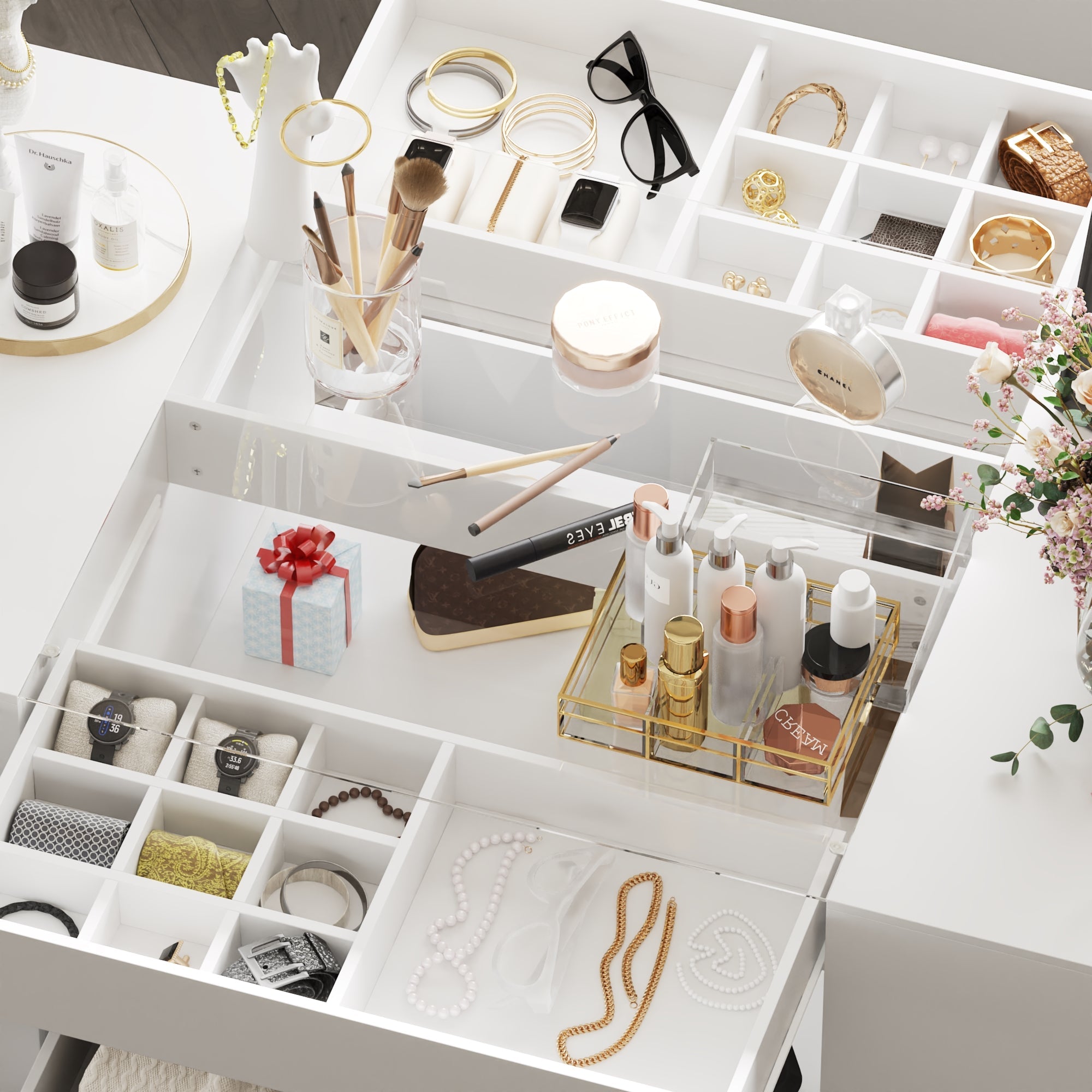 14-Drawer 1-Shelf Chest With Graceful Design And Tempered Glass Top