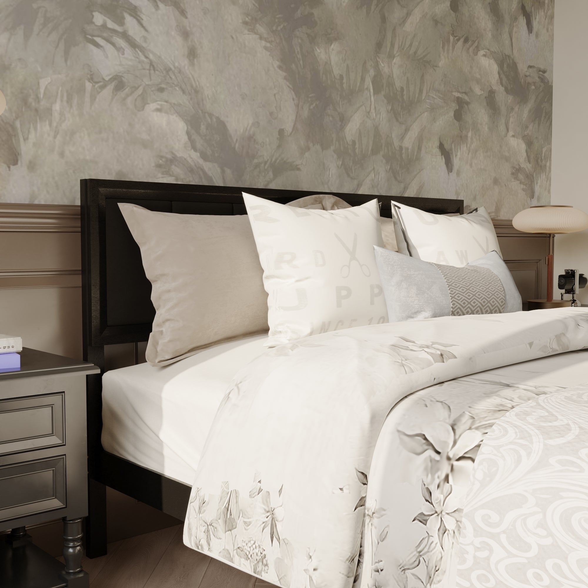 King-Size Solid Rubber Wood Bed With Linen Upholstered Headboard