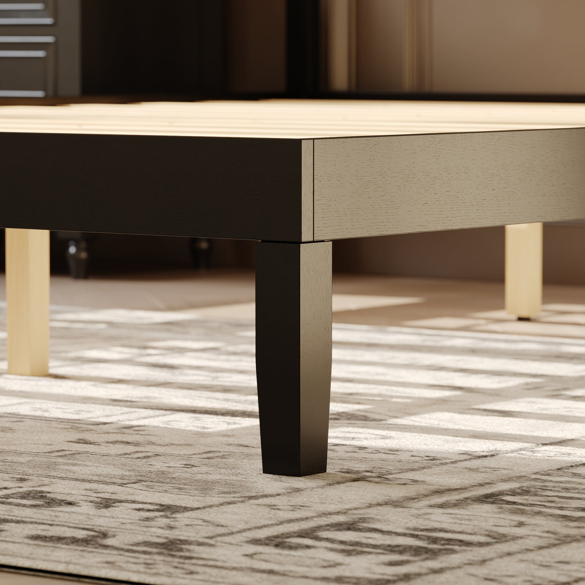 King-Size Solid Rubber Wood Bed With Linen Upholstered Headboard