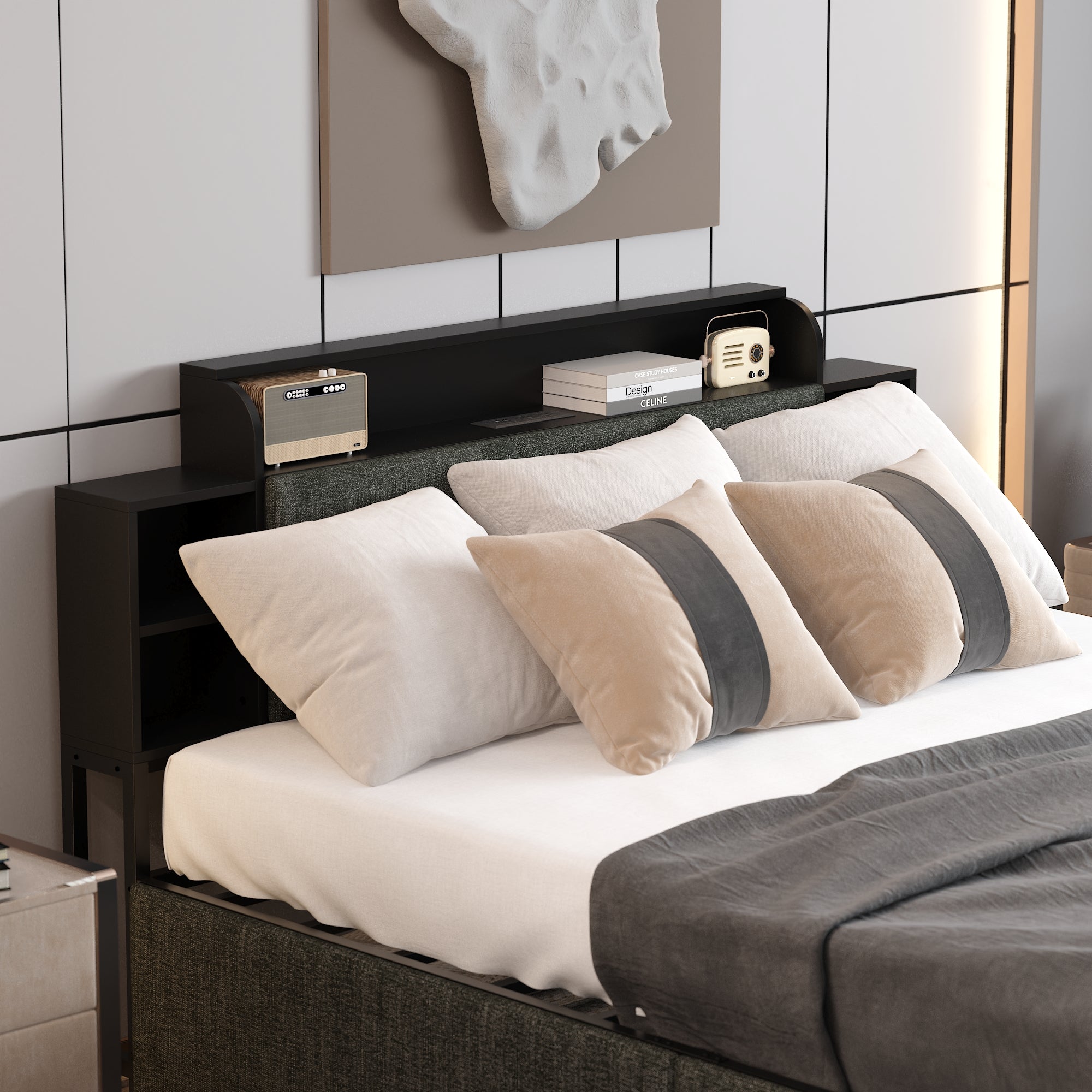 Low Profile Platform Bed With Storage Drawers And Power Outlet