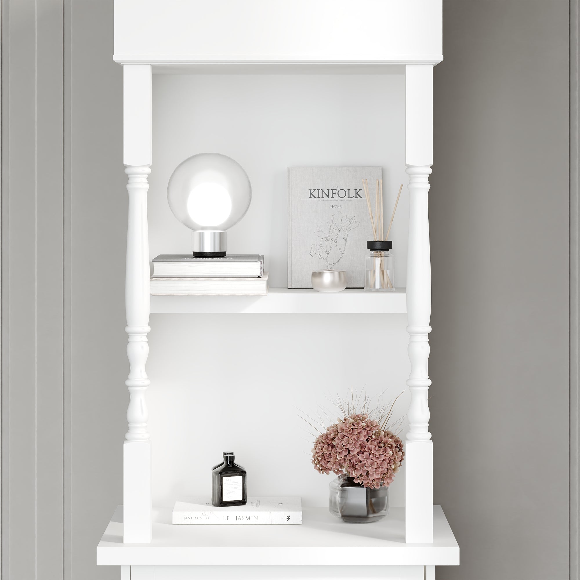 Modern White Tall Cabinet With 4 Open Shelves & 1 Drawer