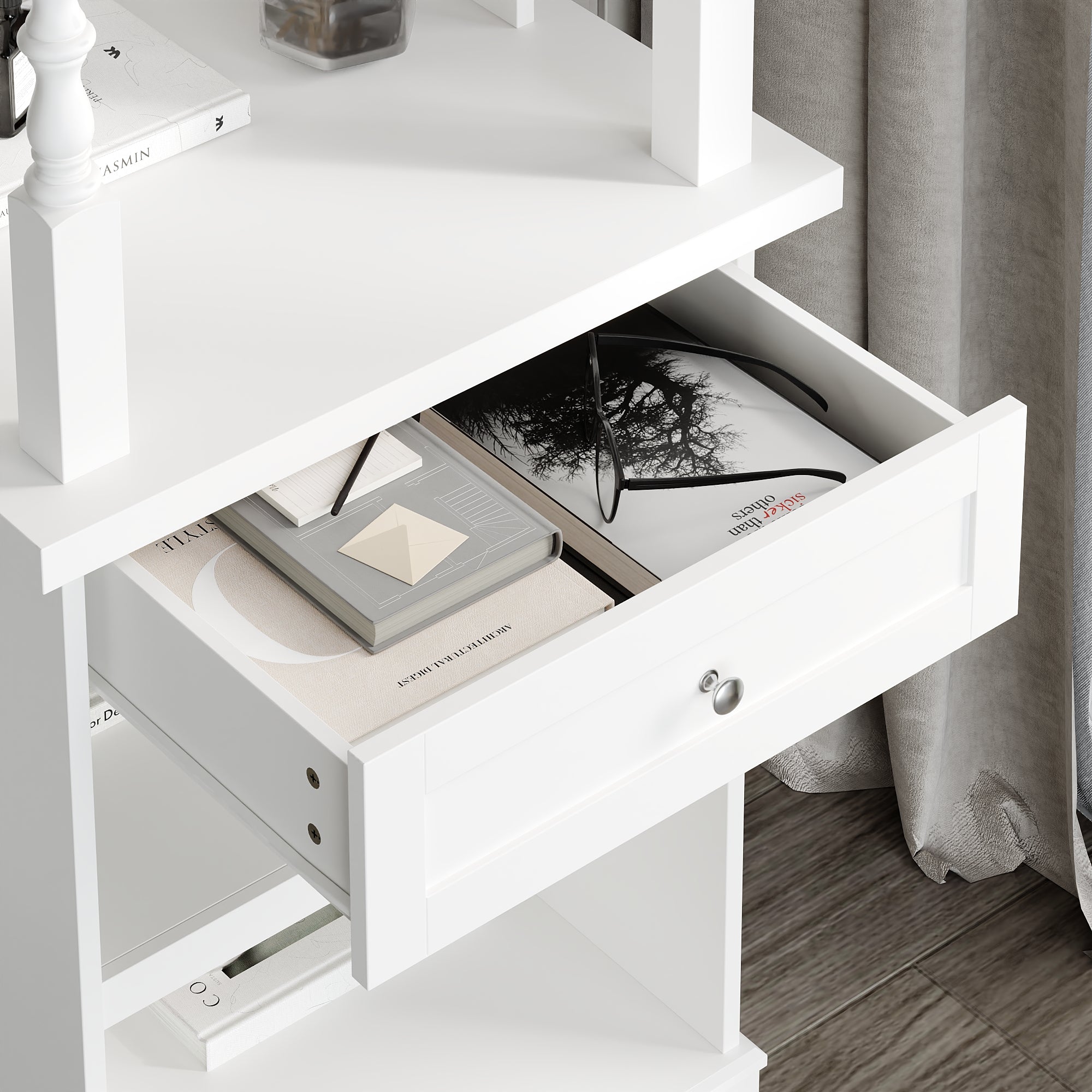 Modern White Tall Cabinet With 4 Open Shelves & 1 Drawer