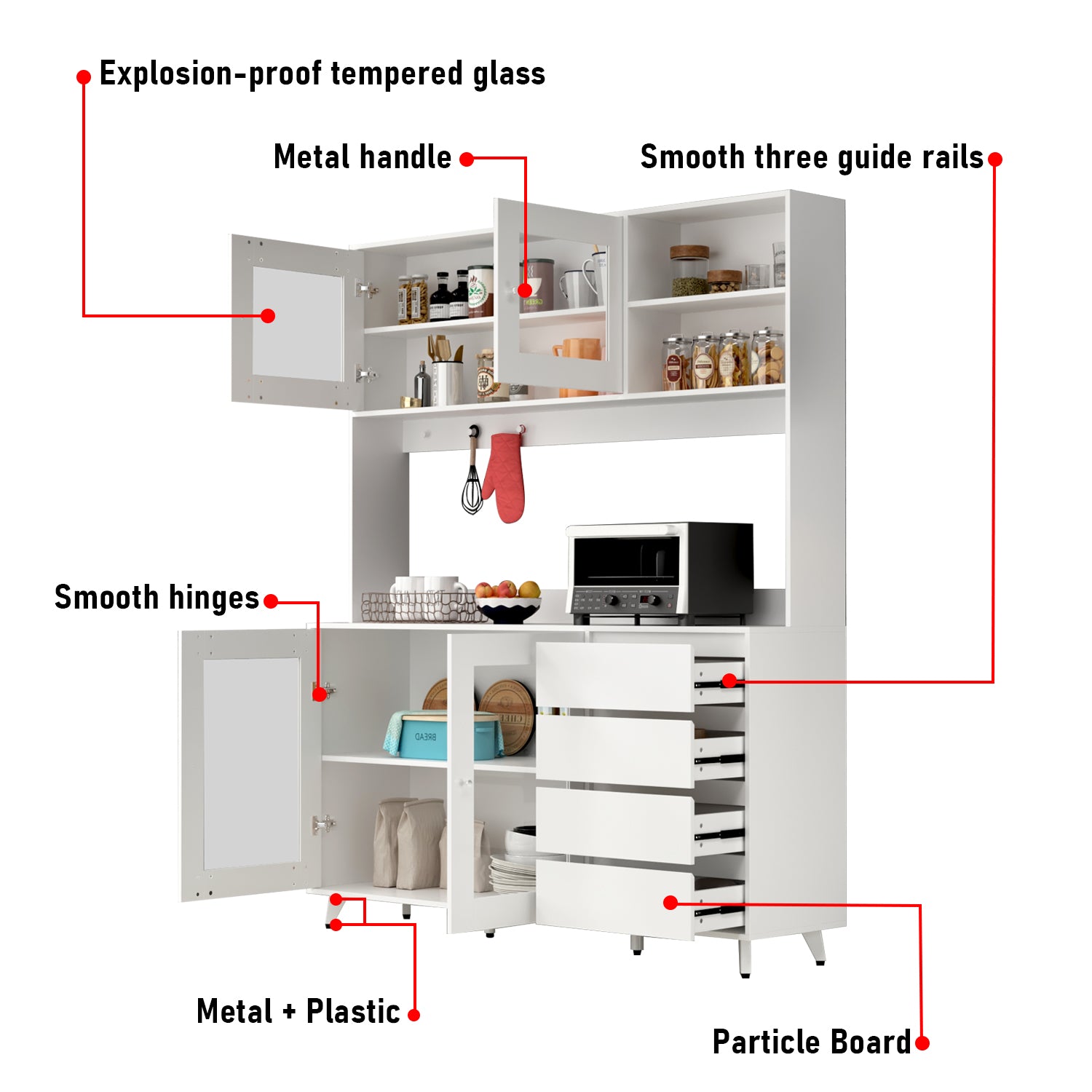 Storage Sideboard Cabinet Cupboard with Drawers and Glass Doors for Kitchen Organization