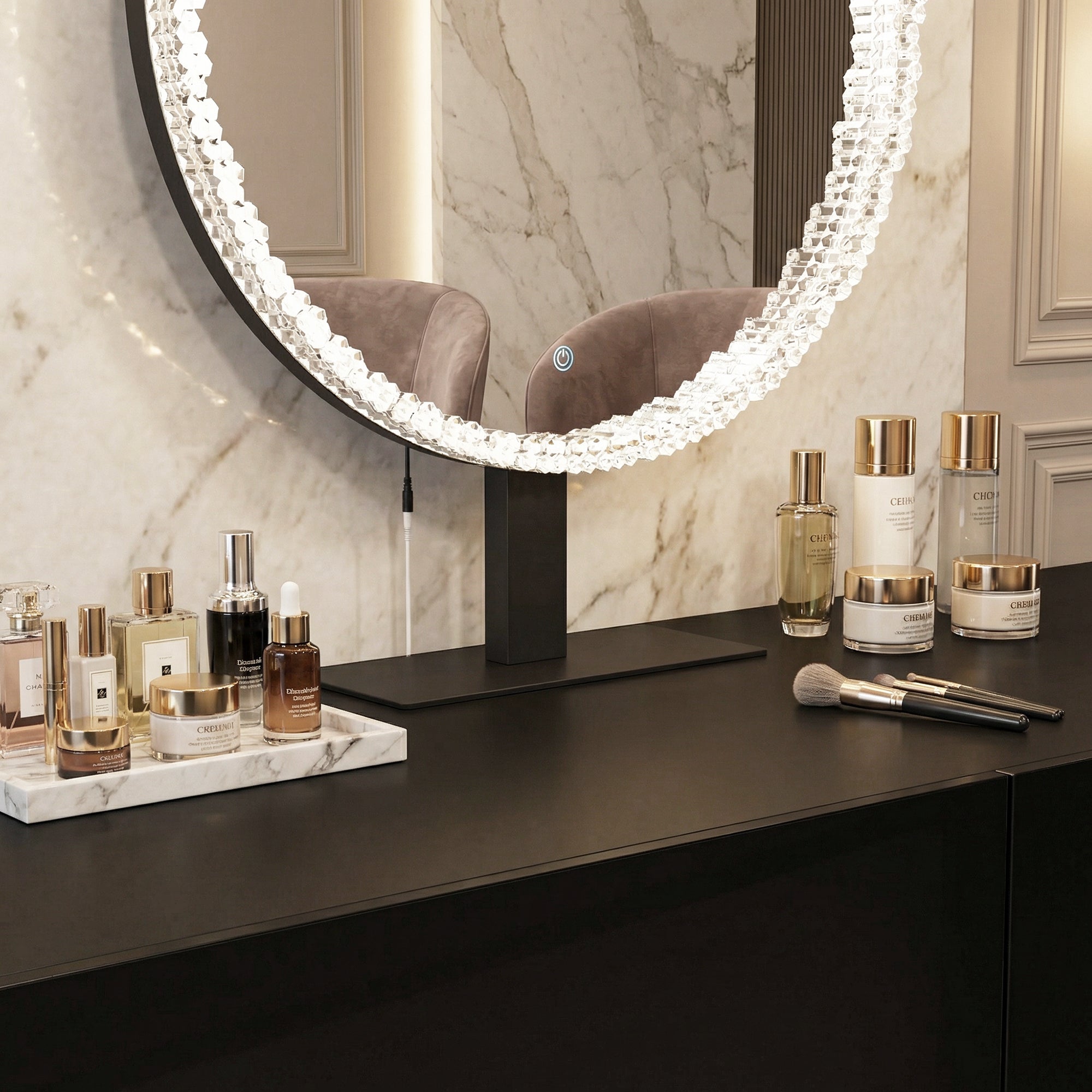 Black high-gloss dresser with wide drawers and vanity mirror setup